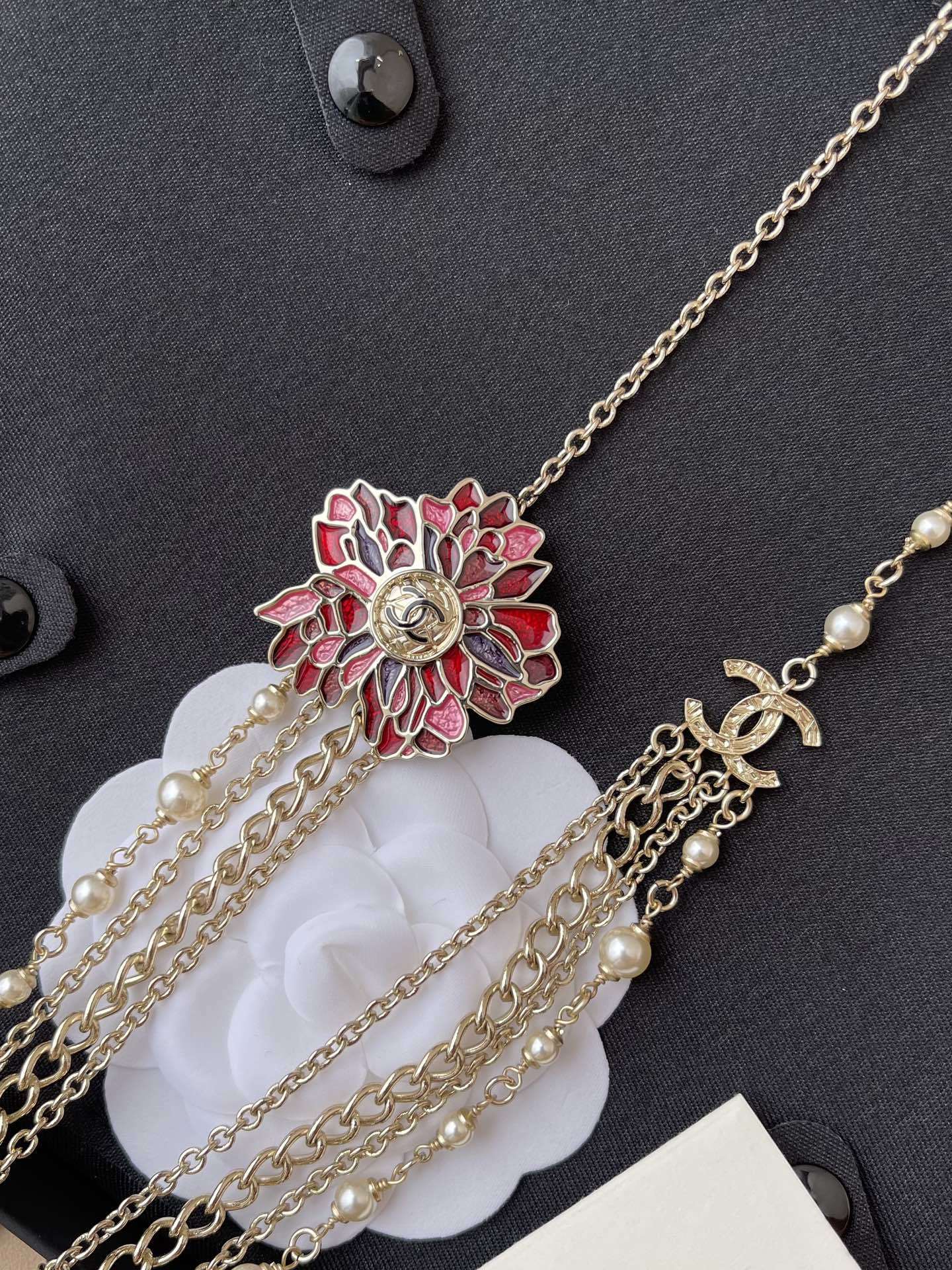 Chanel Luxury Multi-Strand Pearl & Resin Flower Long Necklace
