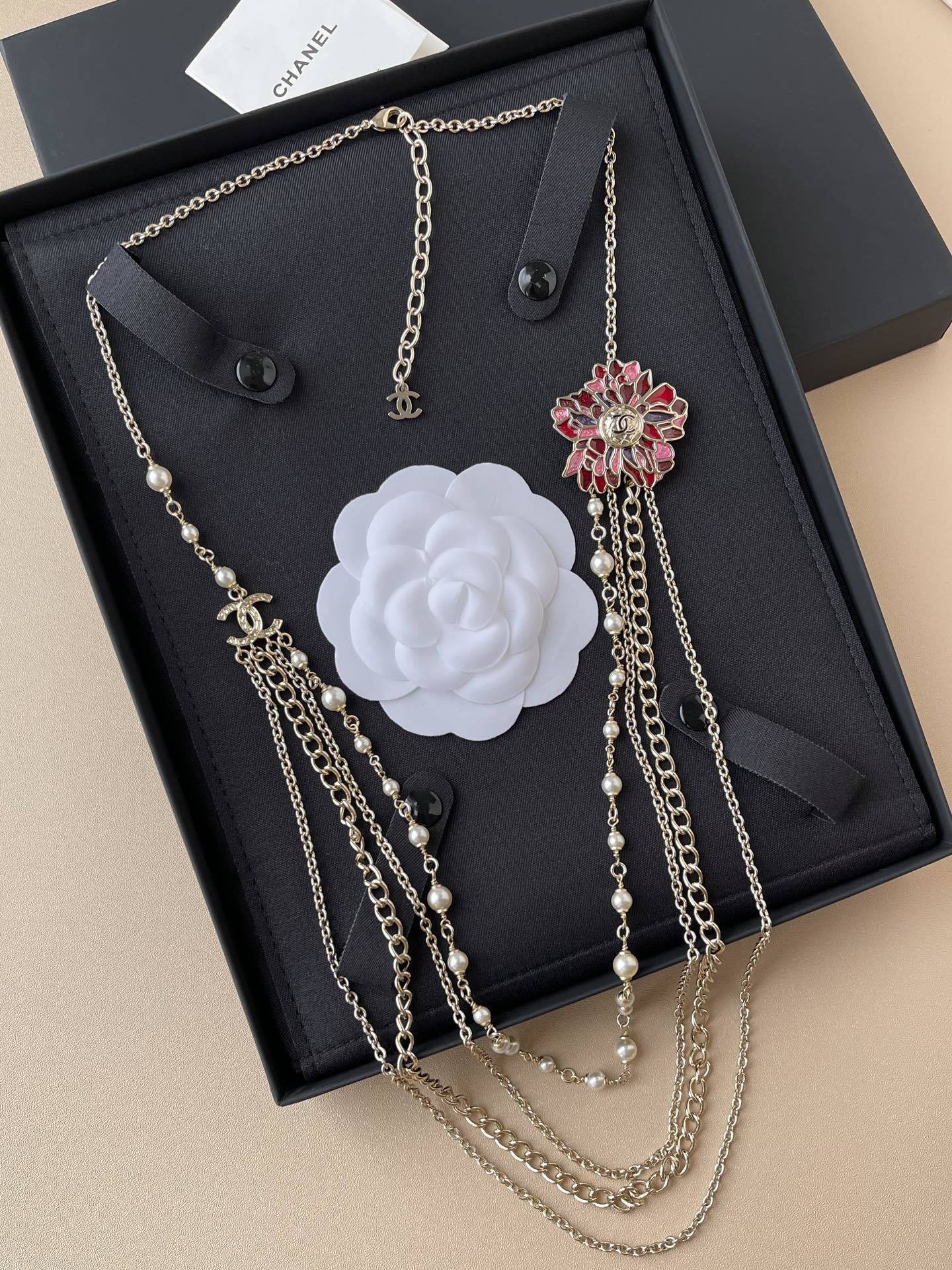 Chanel Luxury Multi-Strand Pearl & Resin Flower Long Necklace