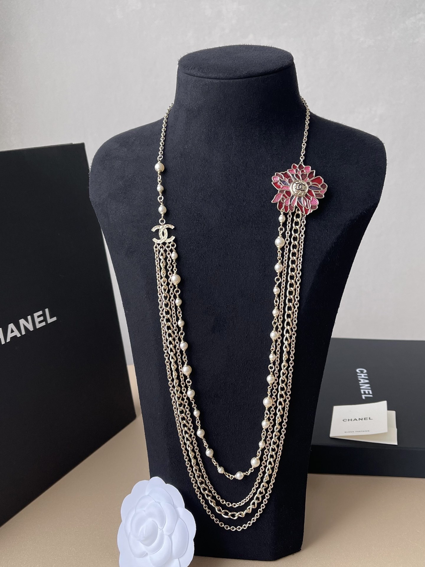 Chanel Luxury Multi-Strand Pearl & Resin Flower Long Necklace