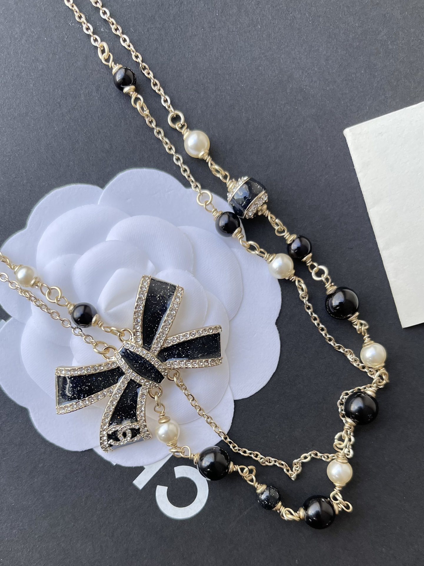Chanel 2025/26 FW Black Bow Necklace with Glass Pearls & Crystals