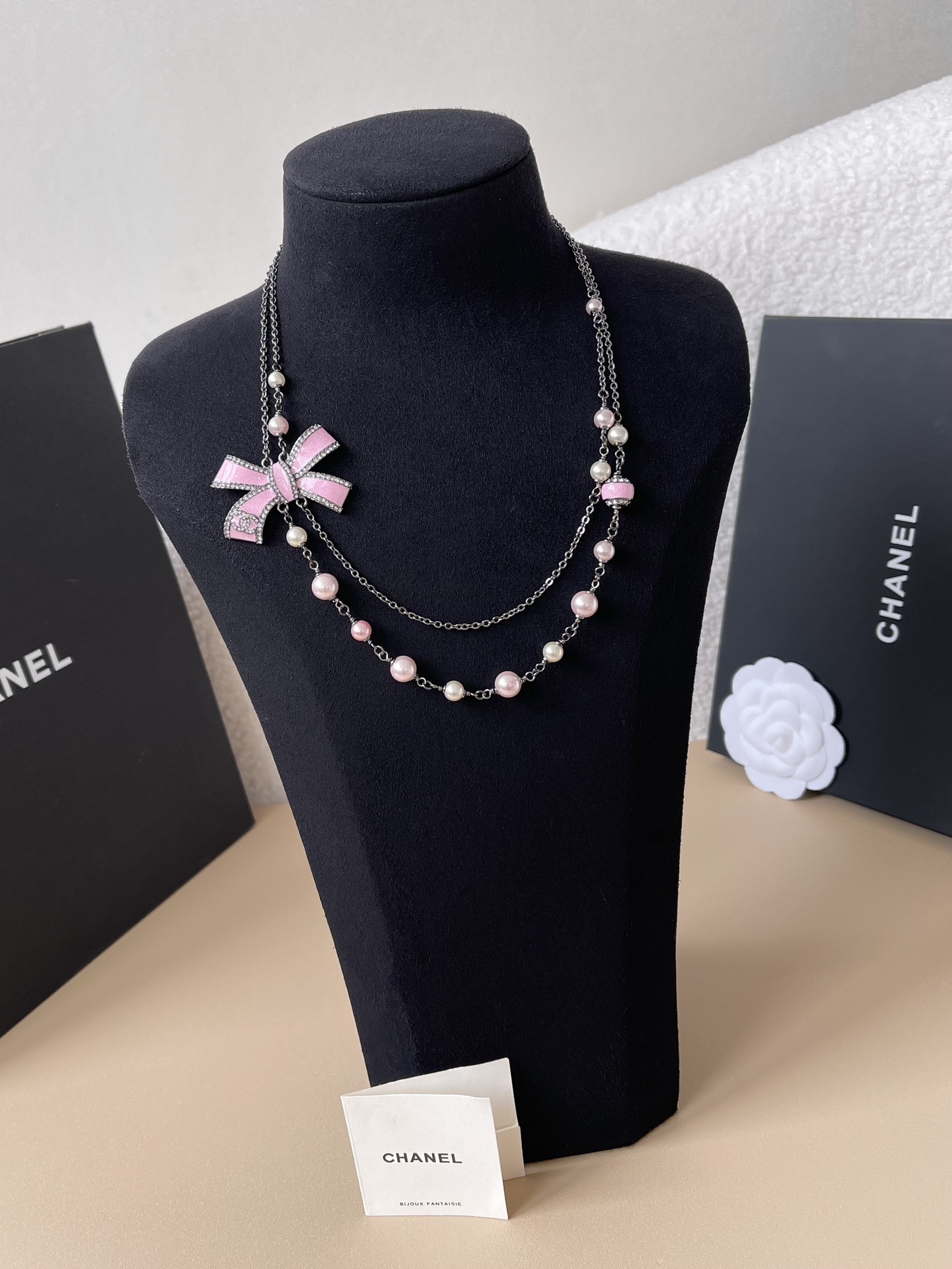 Chanel Fall/Winter 2025/26 Pink Bow & Pearl Double Strand Necklace