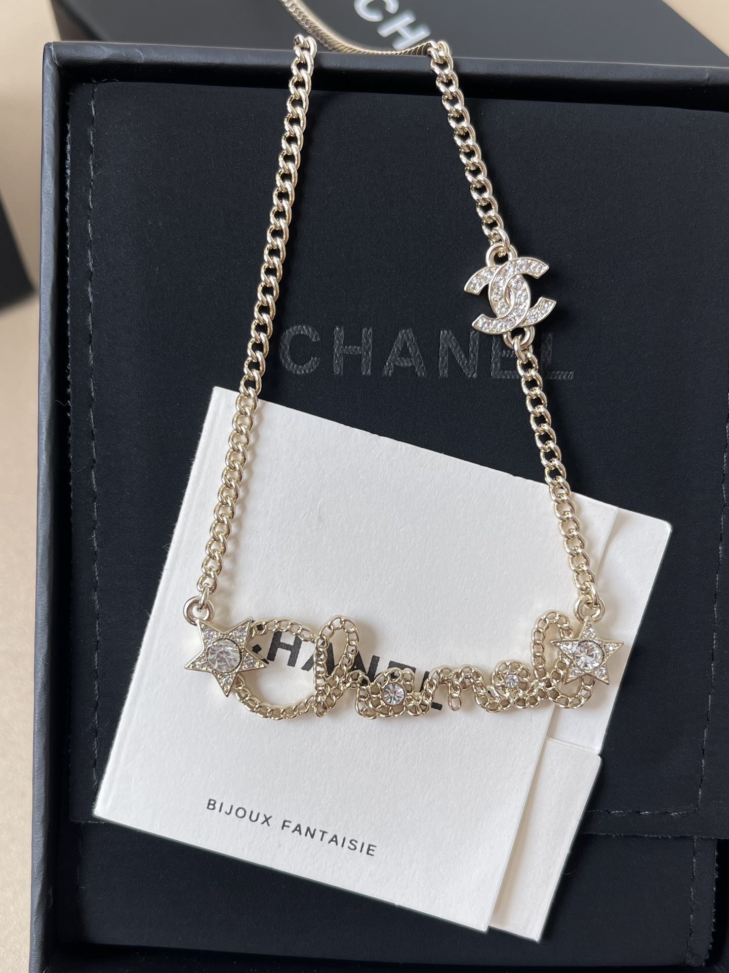 Chanel Gold-Tone Crystal Script Logo & Star Charm Necklace