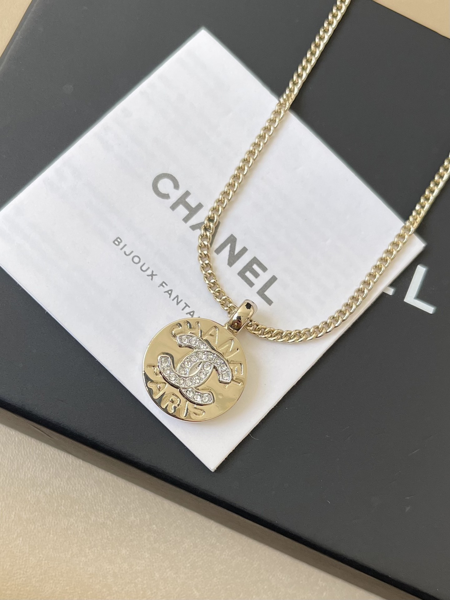 Chanel Paris Gold Coin Necklace with Crystal CC Logo Pendant