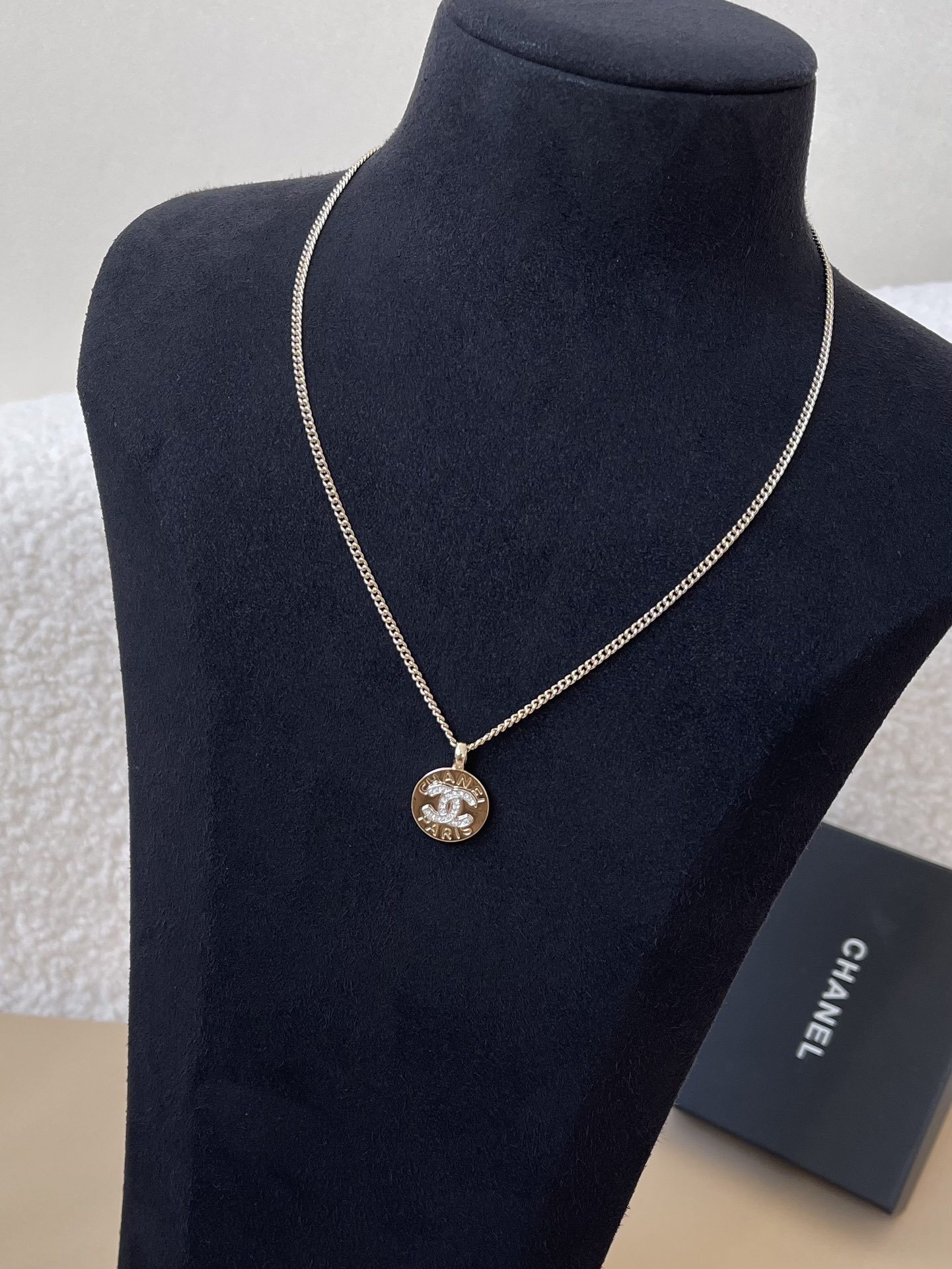 Chanel Paris Gold Coin Necklace with Crystal CC Logo Pendant
