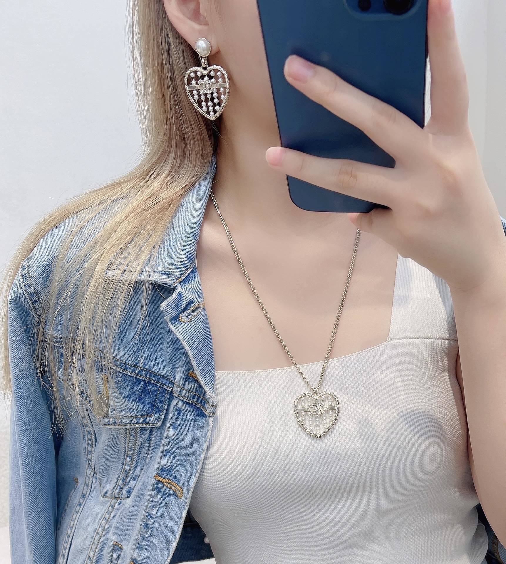 Chanel Gold Heart Pendant Necklace with Pearls and CC Logo