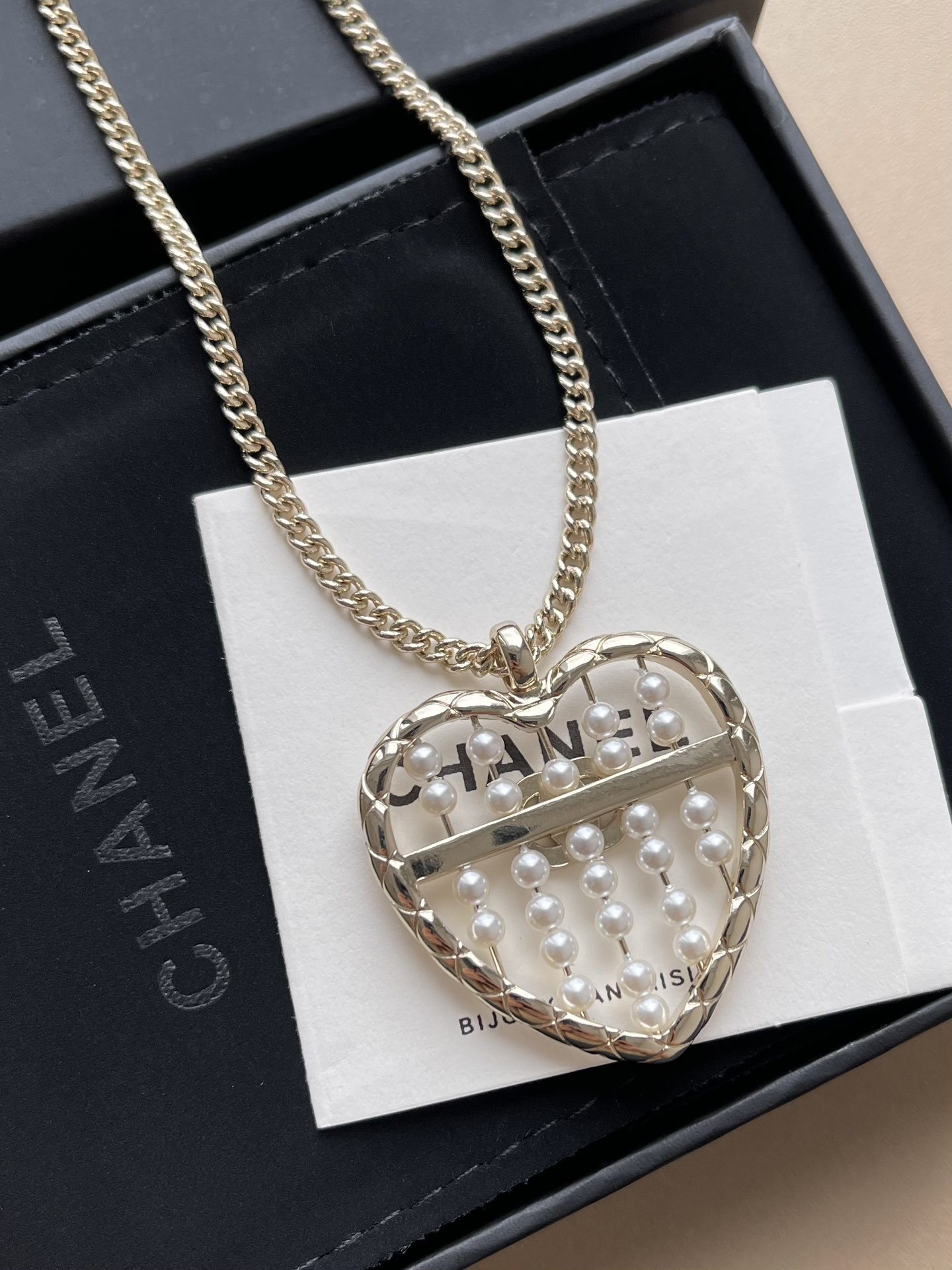 Chanel Gold Heart Pendant Necklace with Pearls and CC Logo