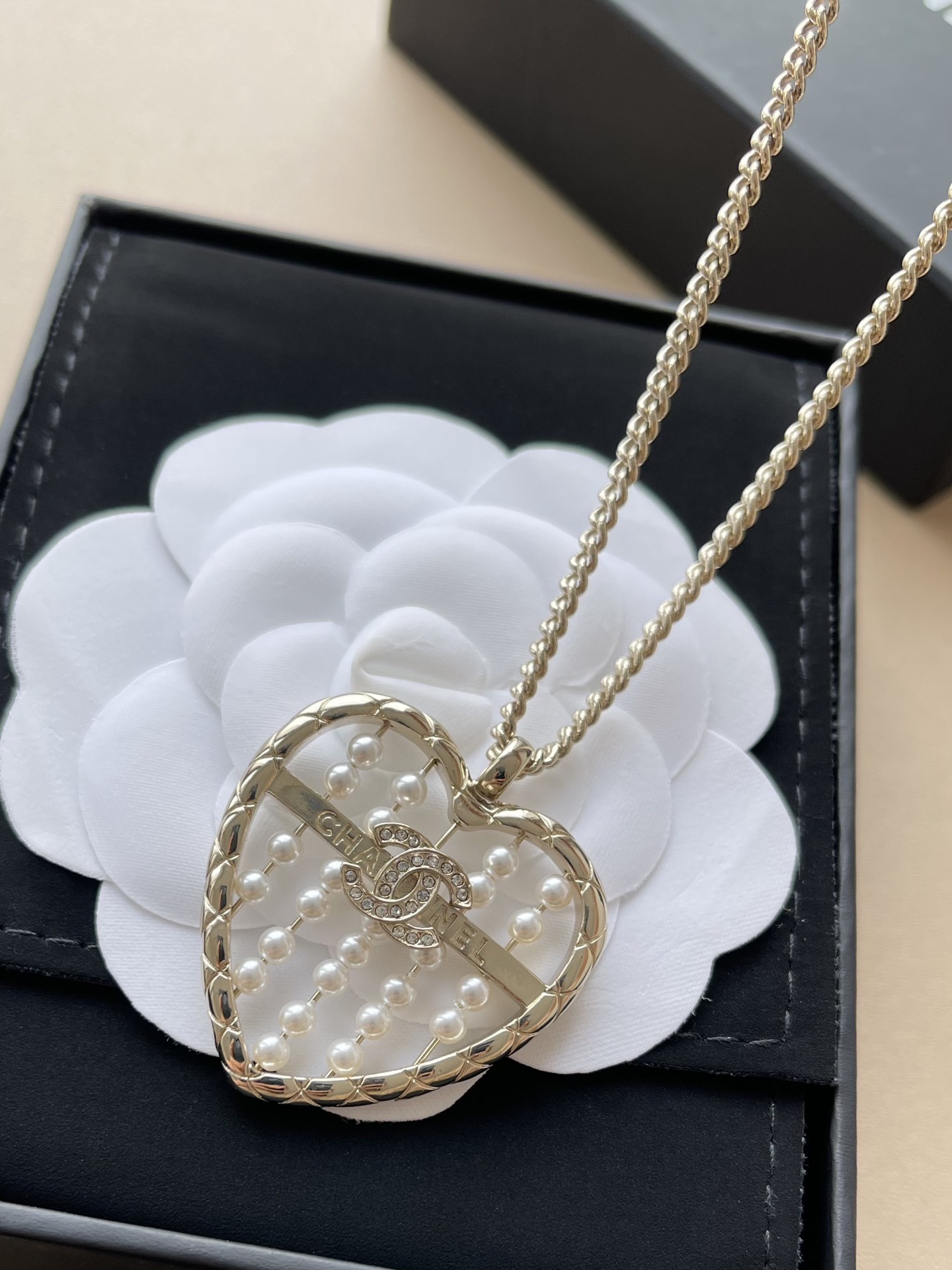 Chanel Gold Heart Pendant Necklace with Pearls and CC Logo