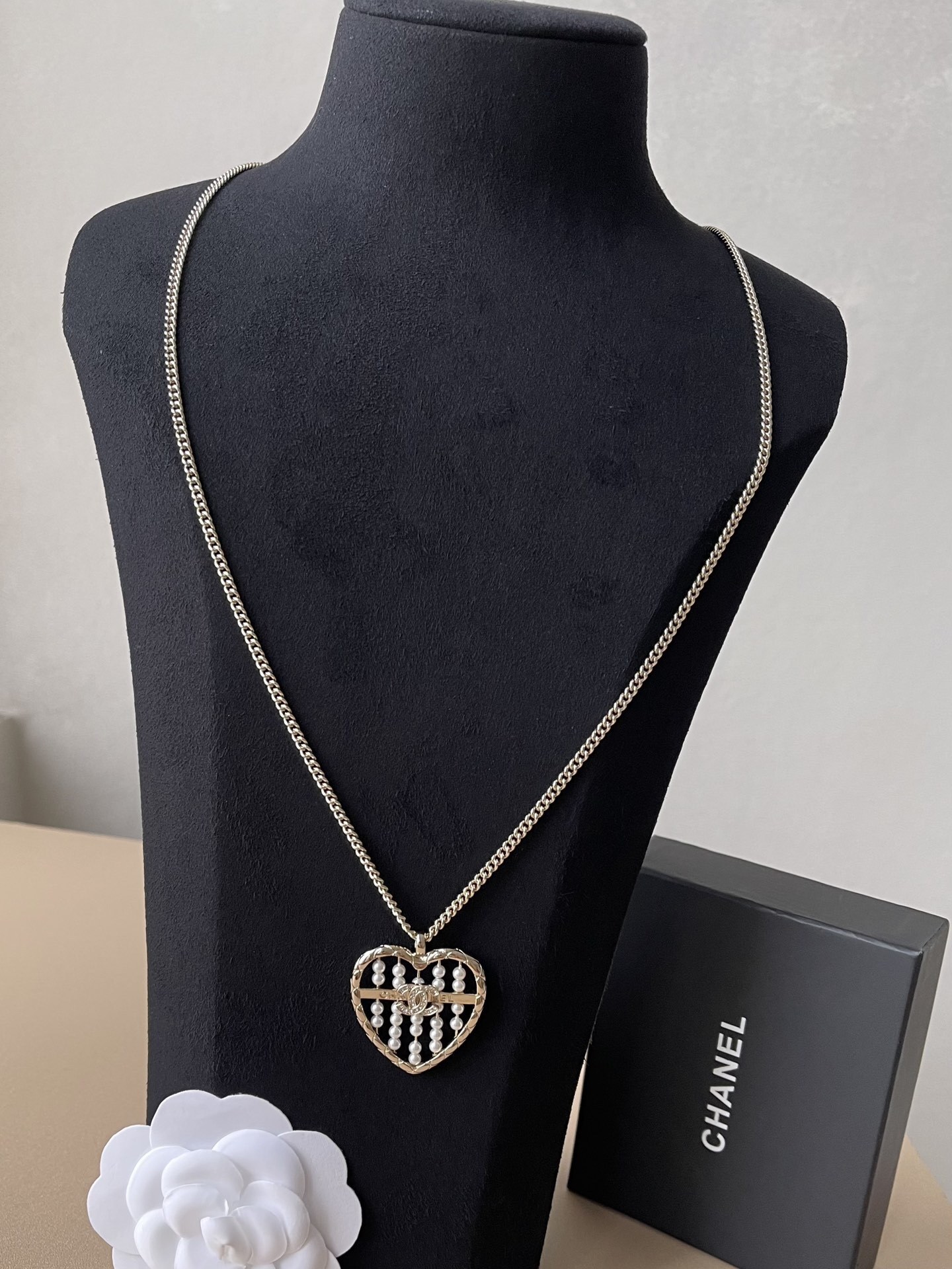 Chanel Gold Heart Pendant Necklace with Pearls and CC Logo
