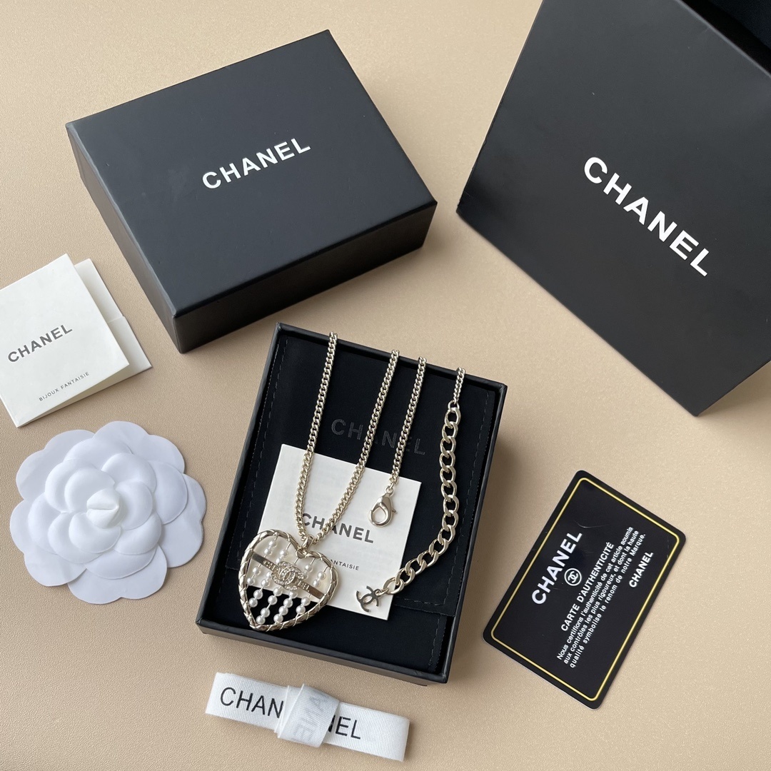 Chanel Gold Heart Pendant Necklace with Pearls and CC Logo