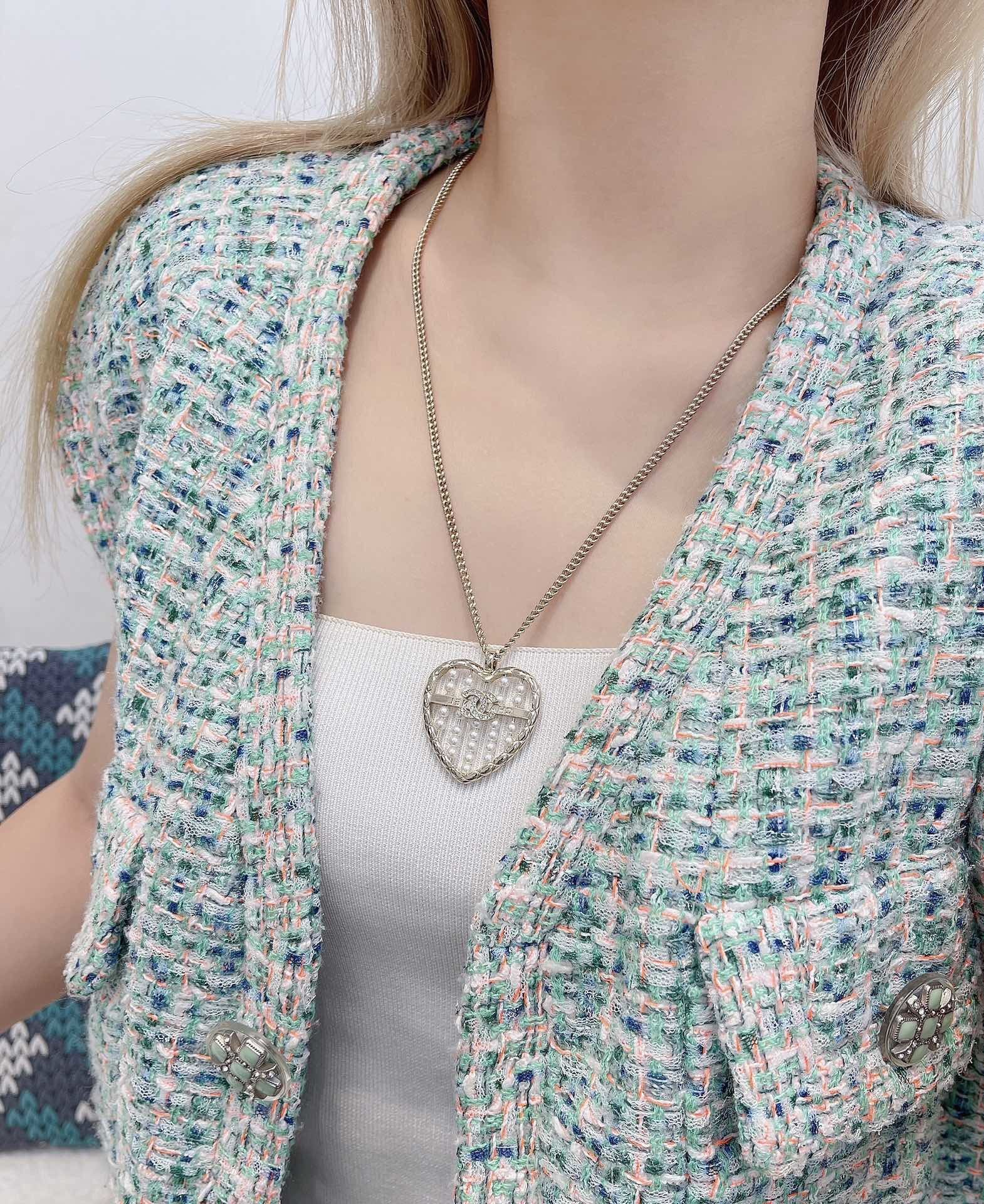 Chanel Gold Heart Pendant Necklace with Pearls and CC Logo