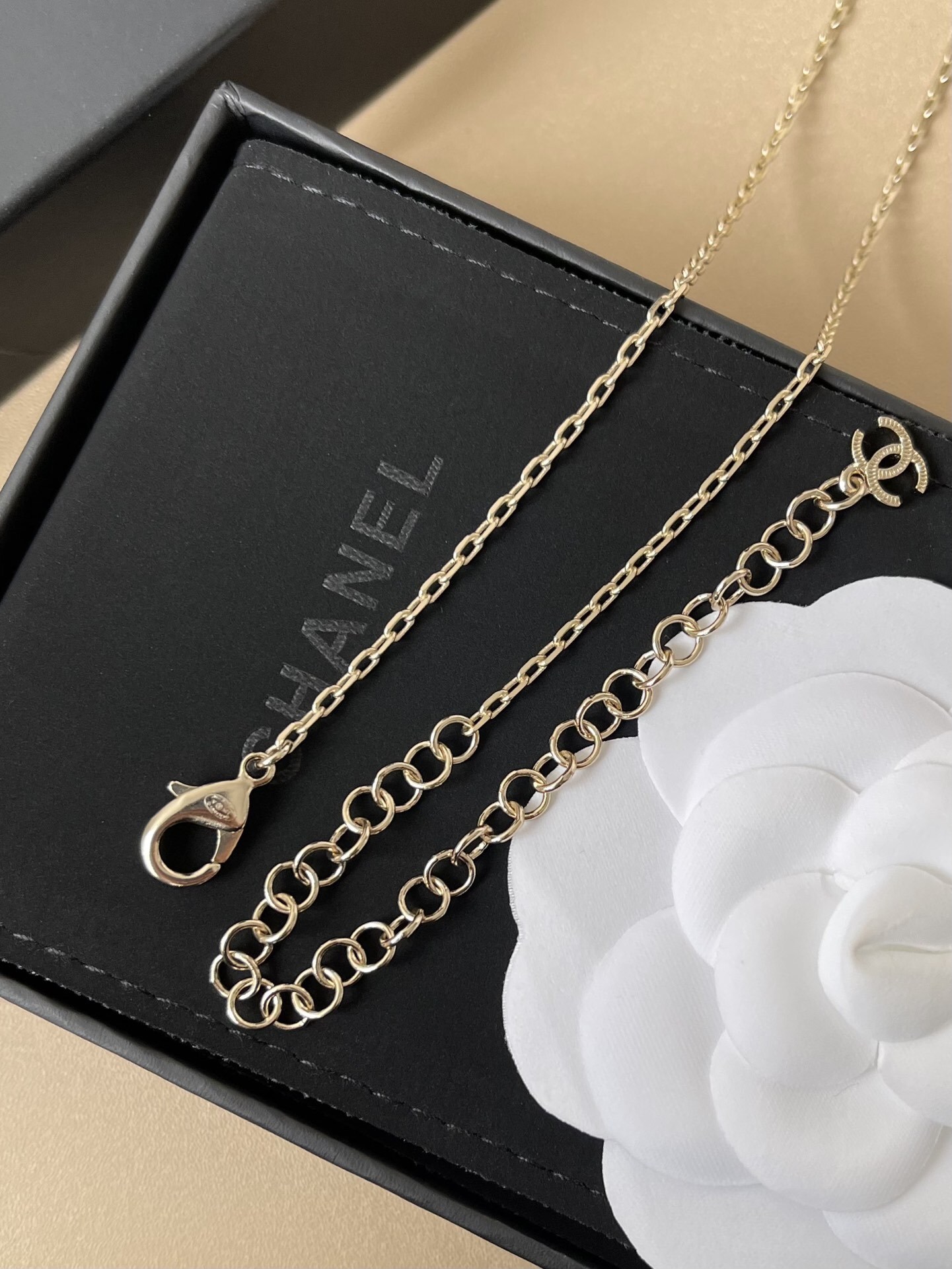 Chanel Gold Camellia CC Logo Necklace with Crystal Teardrops