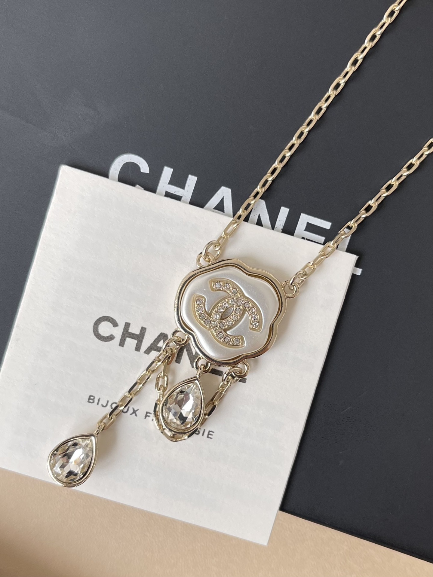 Chanel Gold Camellia CC Logo Necklace with Crystal Teardrops