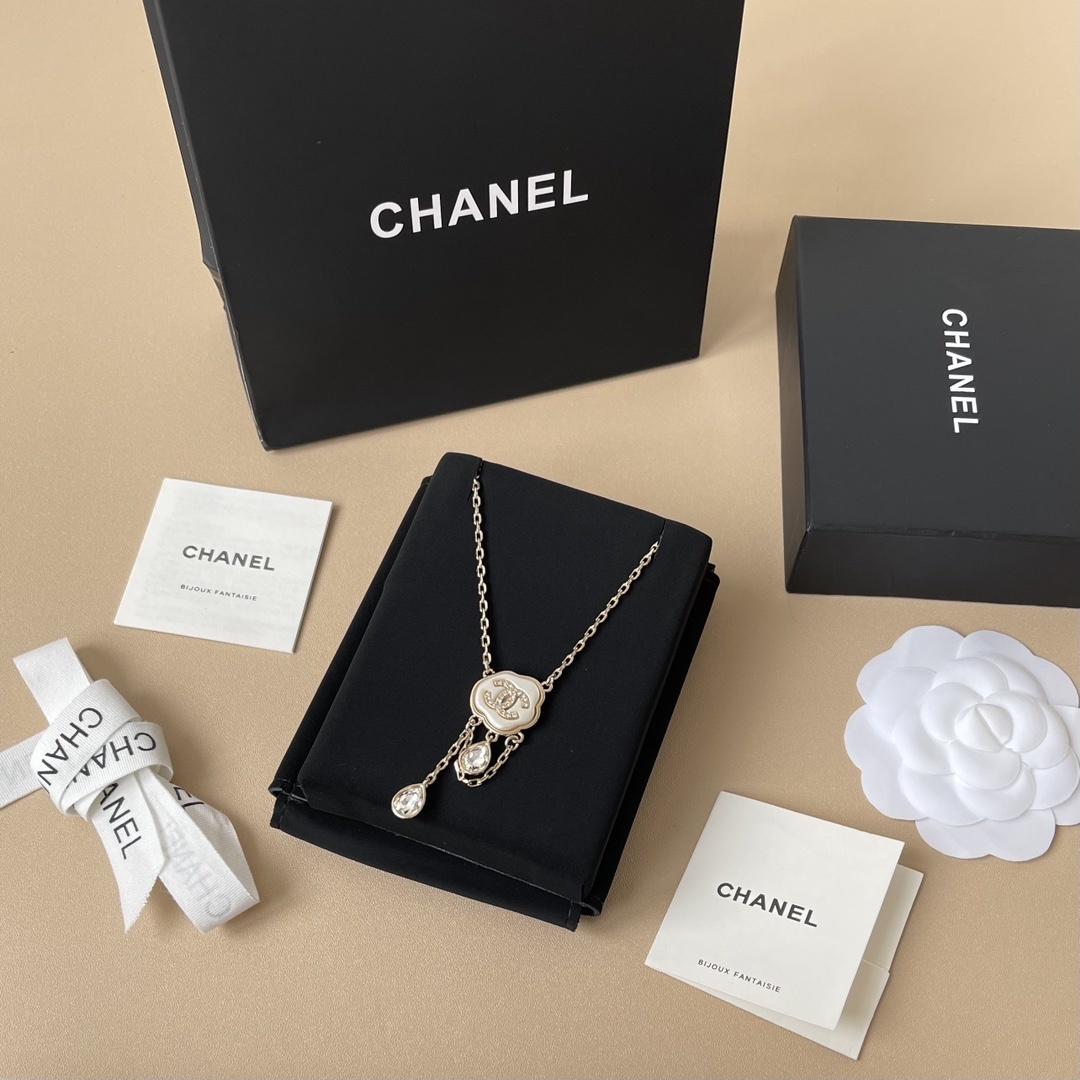 Chanel Gold Camellia CC Logo Necklace with Crystal Teardrops