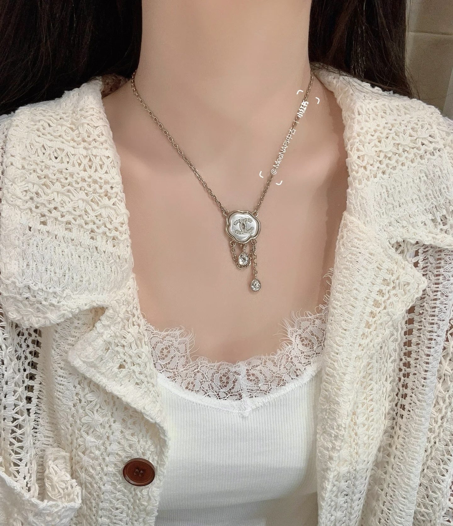 Chanel Gold Camellia CC Logo Necklace with Crystal Teardrops