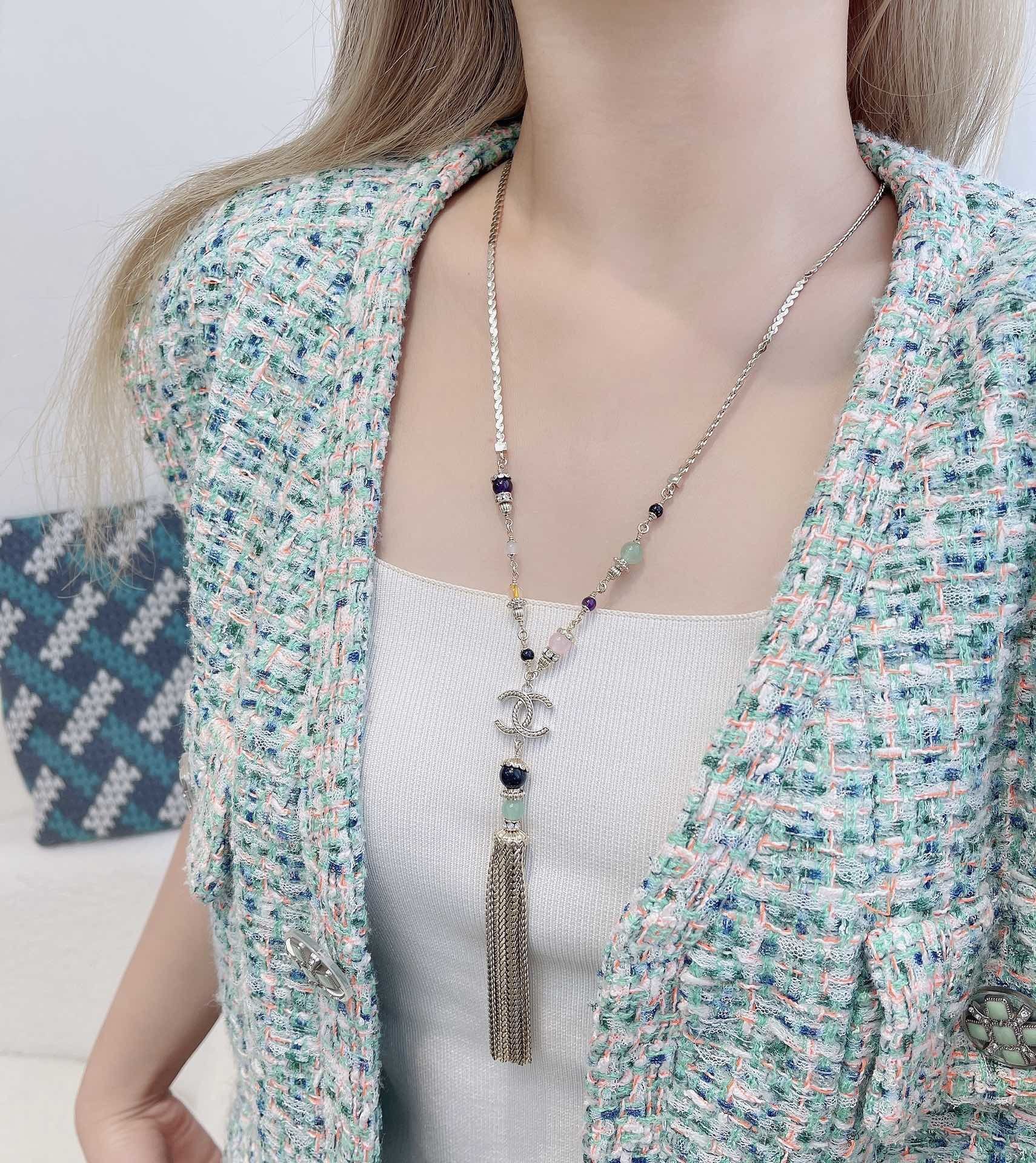 Chanel 2024/25 Long Tassel Necklace with CC Logo & Gemstones