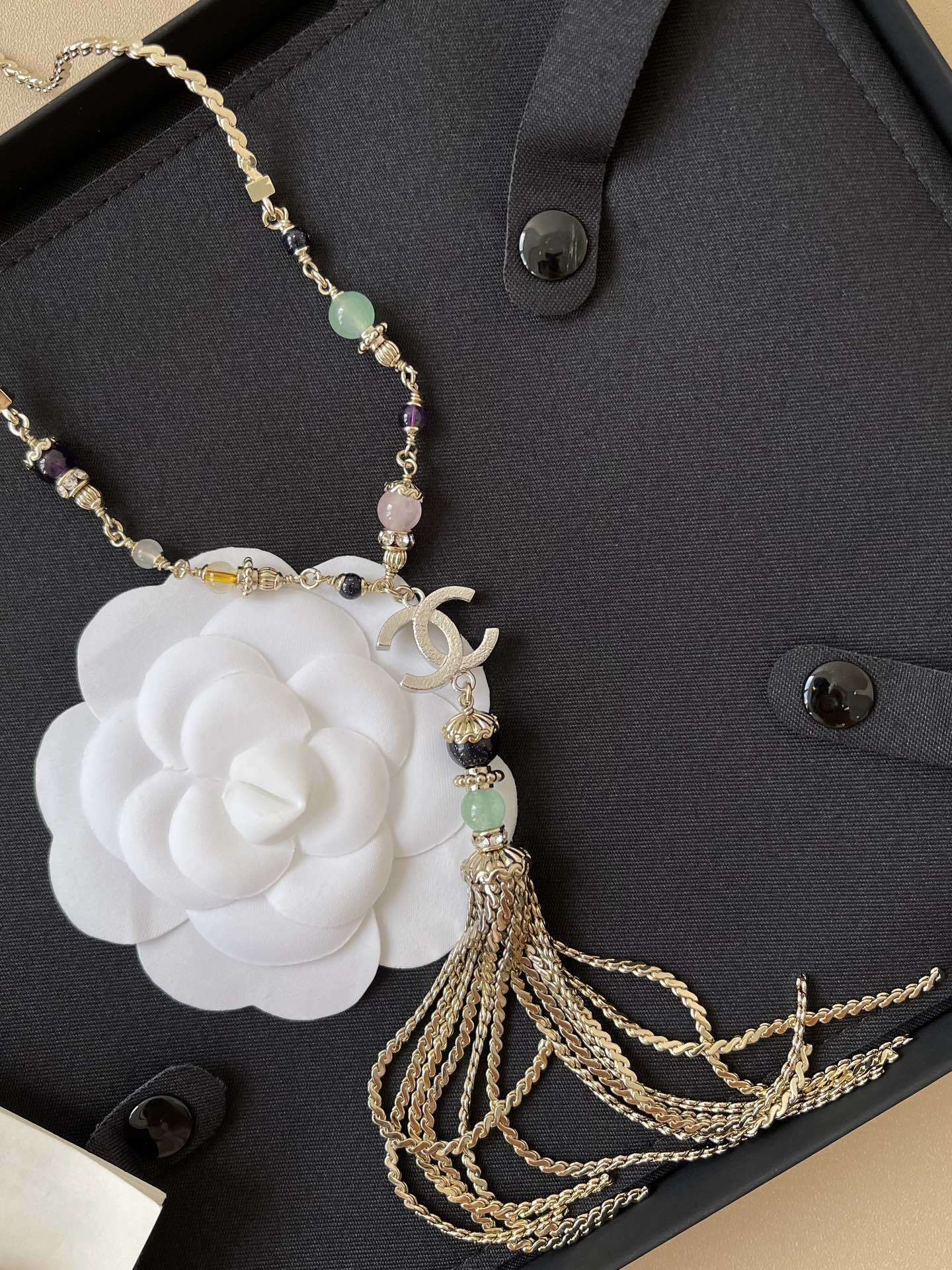 Chanel 2024/25 Long Tassel Necklace with CC Logo & Gemstones