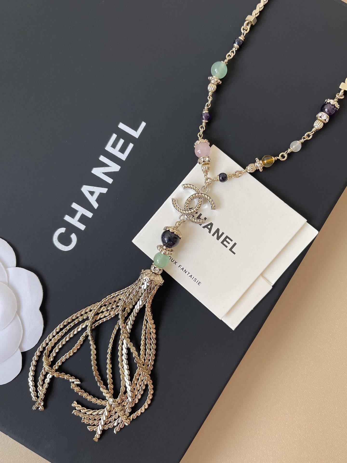 Chanel 2024/25 Long Tassel Necklace with CC Logo & Gemstones