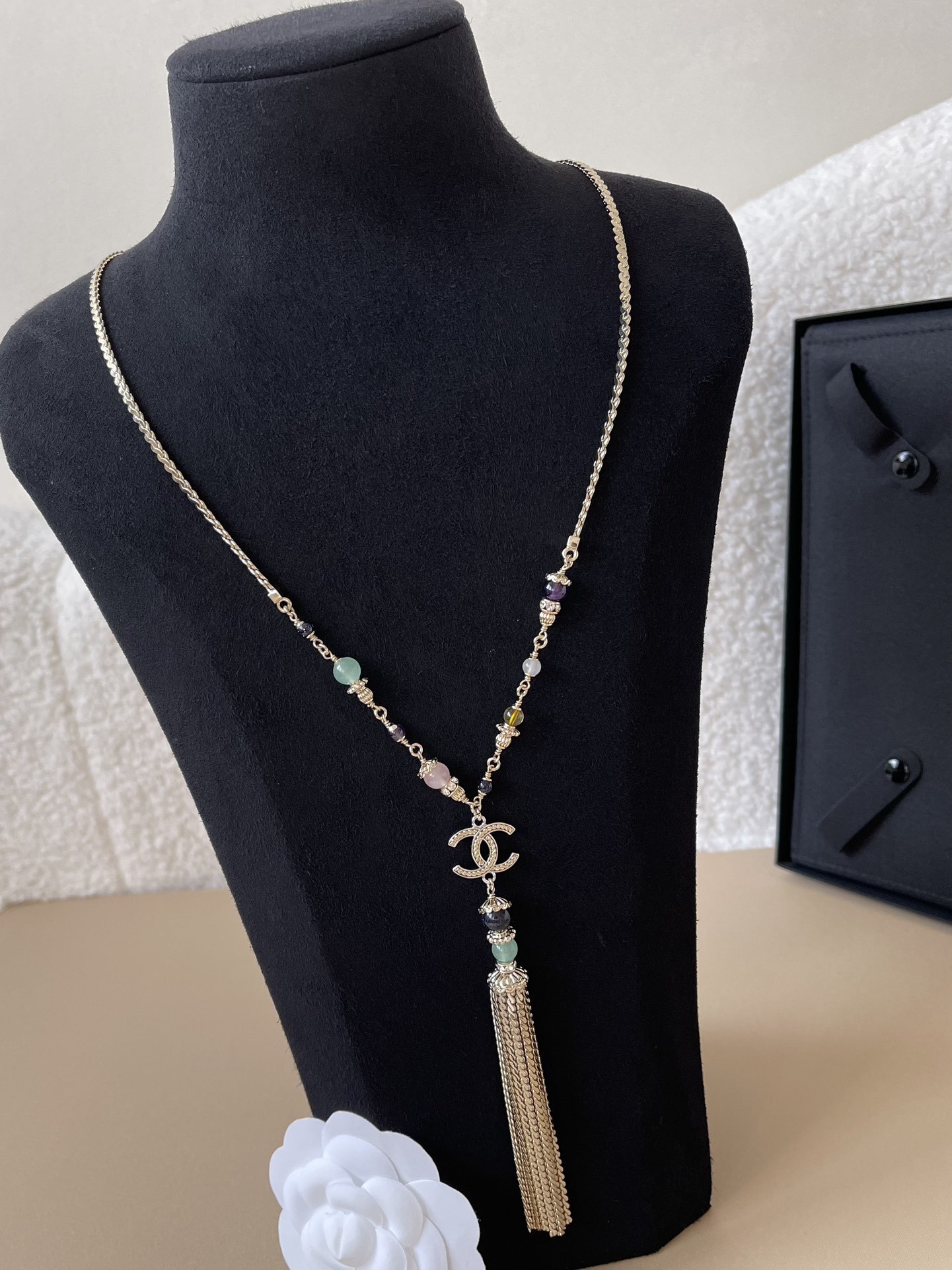 Chanel 2024/25 Long Tassel Necklace with CC Logo & Gemstones
