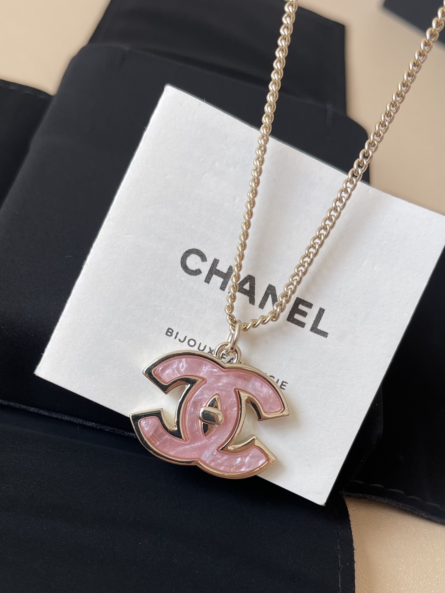 Chanel CC Logo Pink Enamel Pendant Necklace in Gold Tone