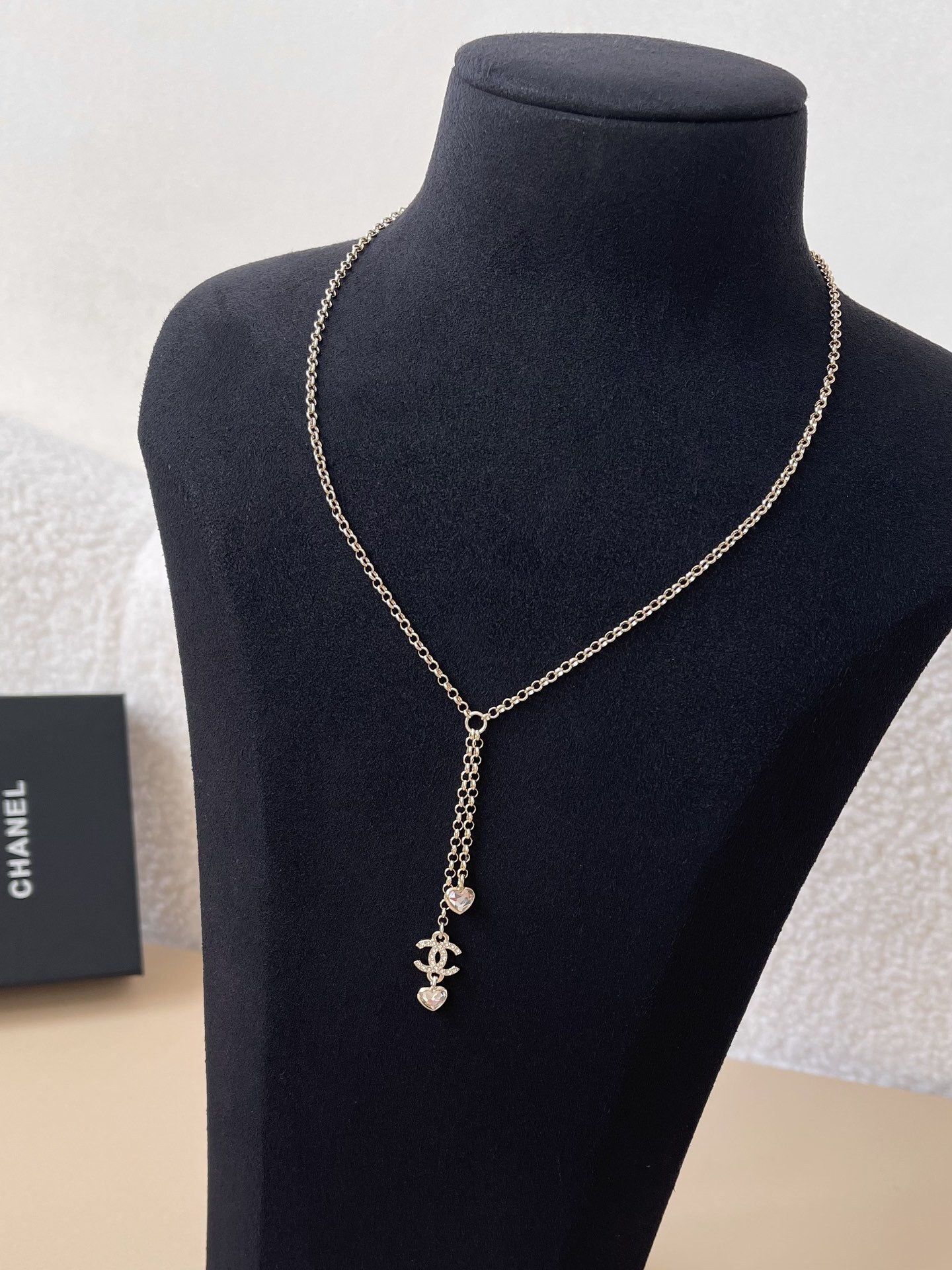 Chanel CC Logo Heart Crystal Y-Necklace in Gold Tone Luxury