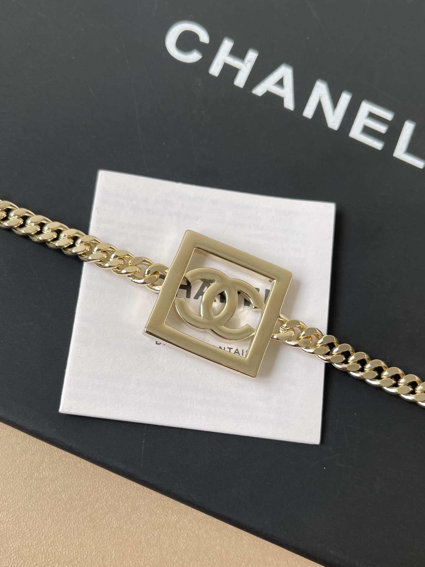 Elegant Gold Tone Crystal Double C Square Pendant Chain Necklace