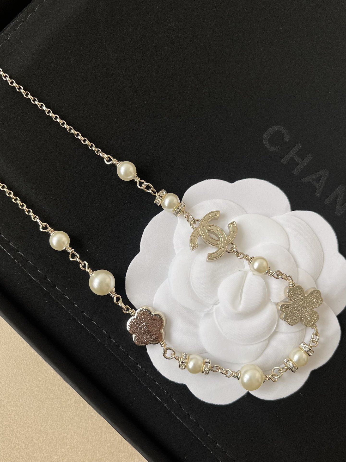 Luxury Pearl & Crystal CC Logo Necklace & Earrings Set