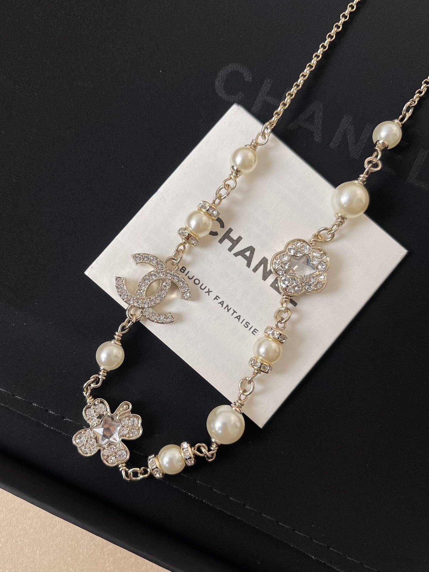 Luxury Pearl & Crystal CC Logo Necklace & Earrings Set