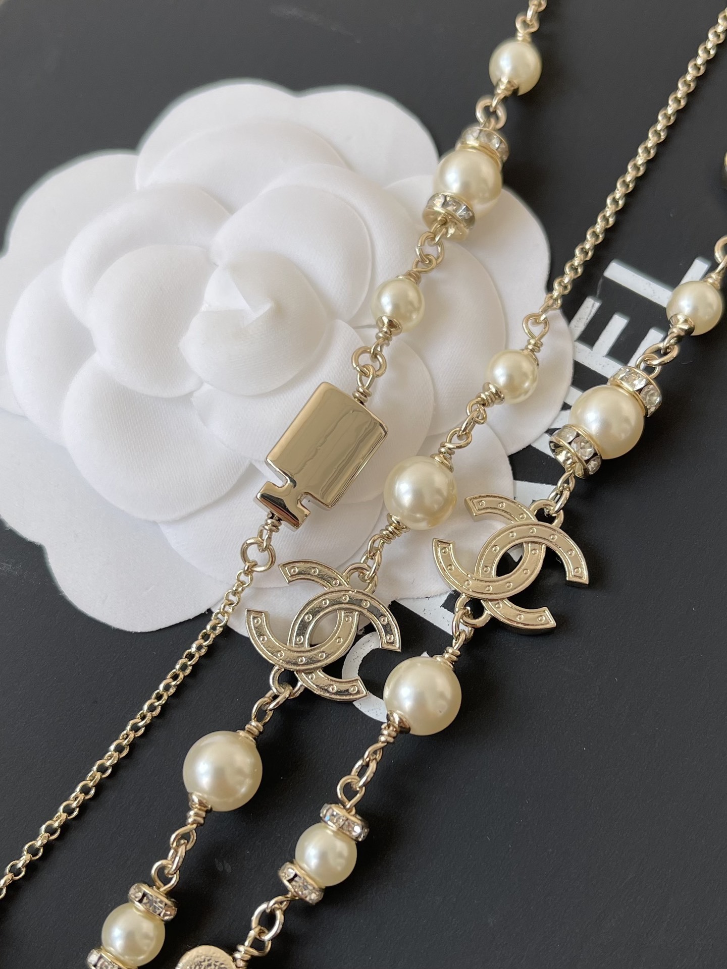 Elegant Double Layer Pearl Necklace with Crystal CC Logo & Charms