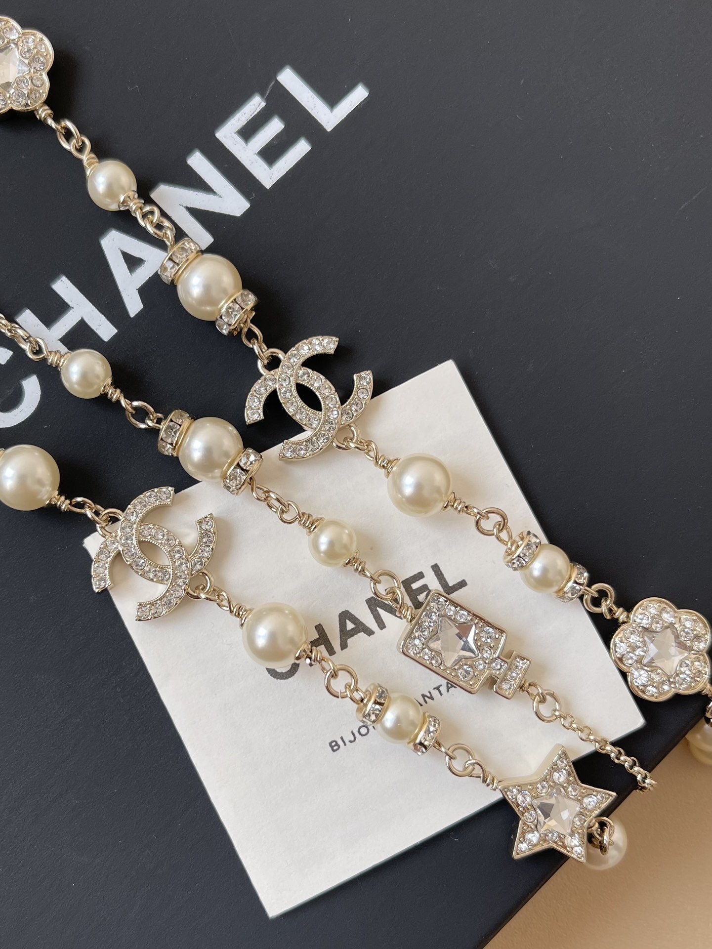 Elegant Double Layer Pearl Necklace with Crystal CC Logo & Charms