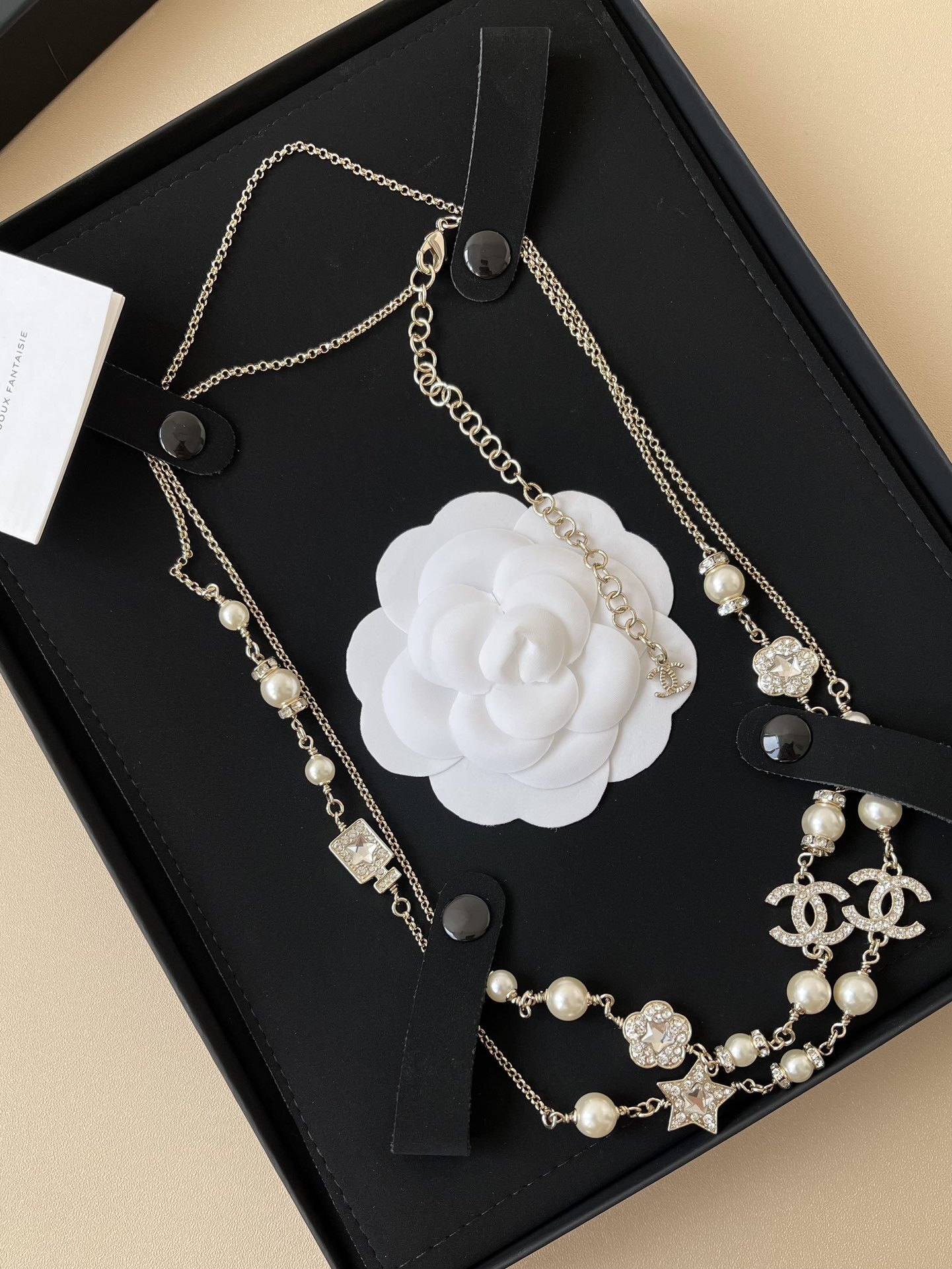 Elegant Double Layer Pearl Necklace with Crystal CC Logo & Charms