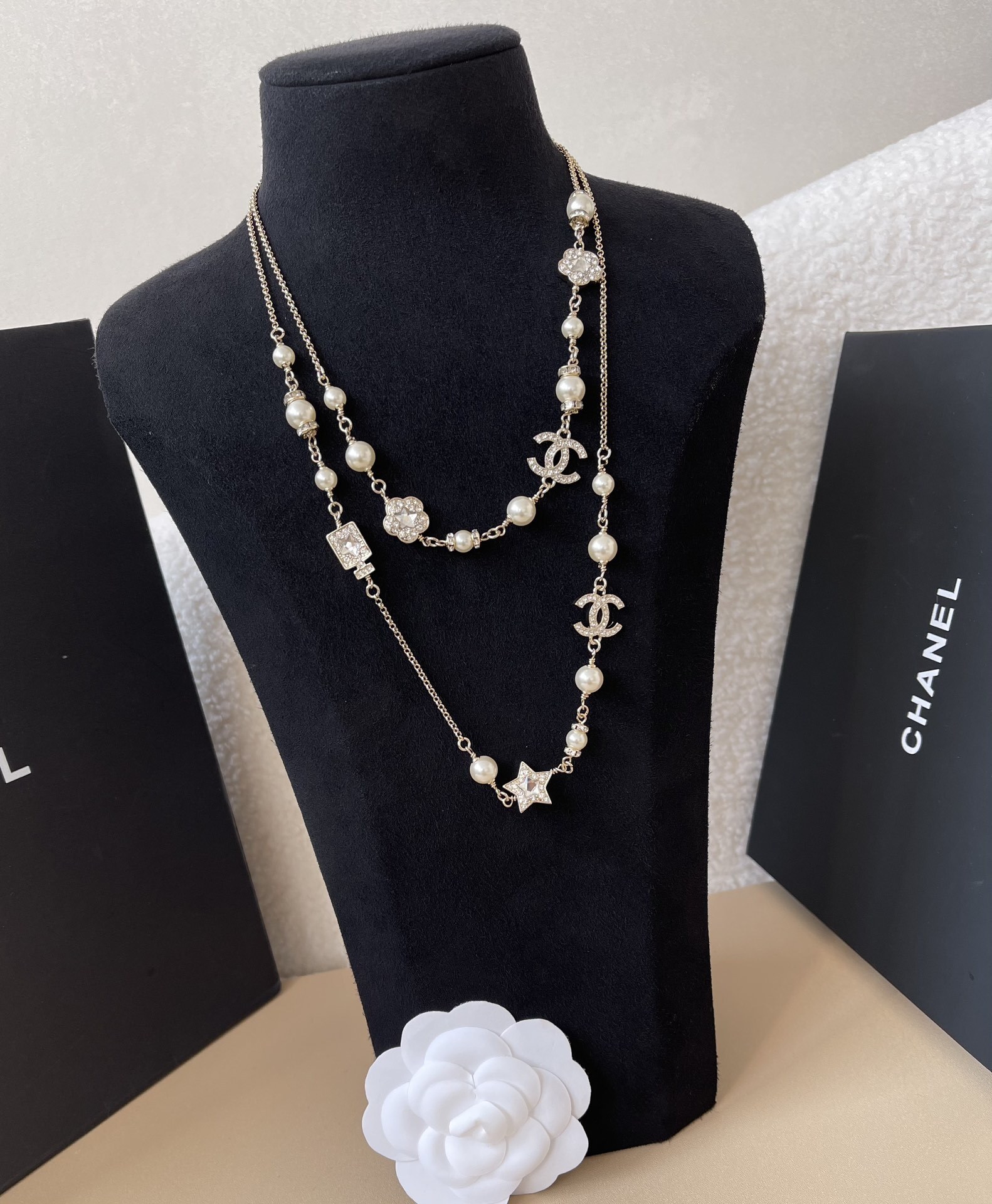 Elegant Double Layer Pearl Necklace with Crystal CC Logo & Charms