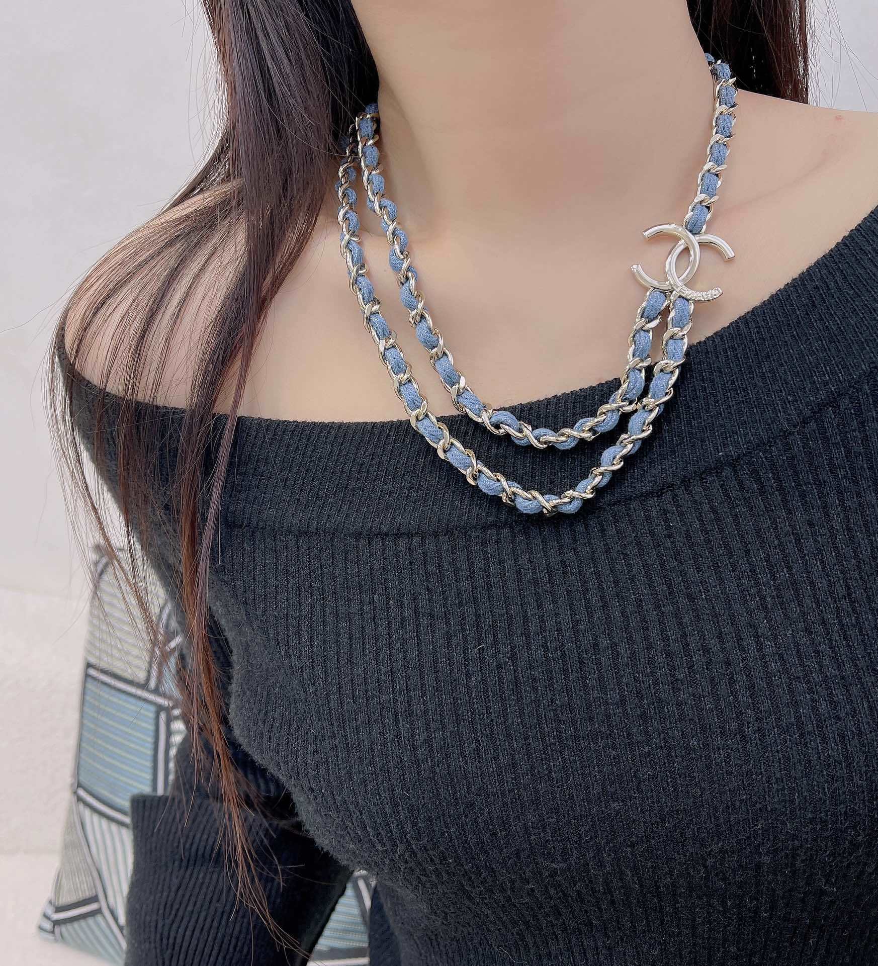 Chanel CC Logo Denim & Gold-Tone Metal Necklace - 2025 SS Collection