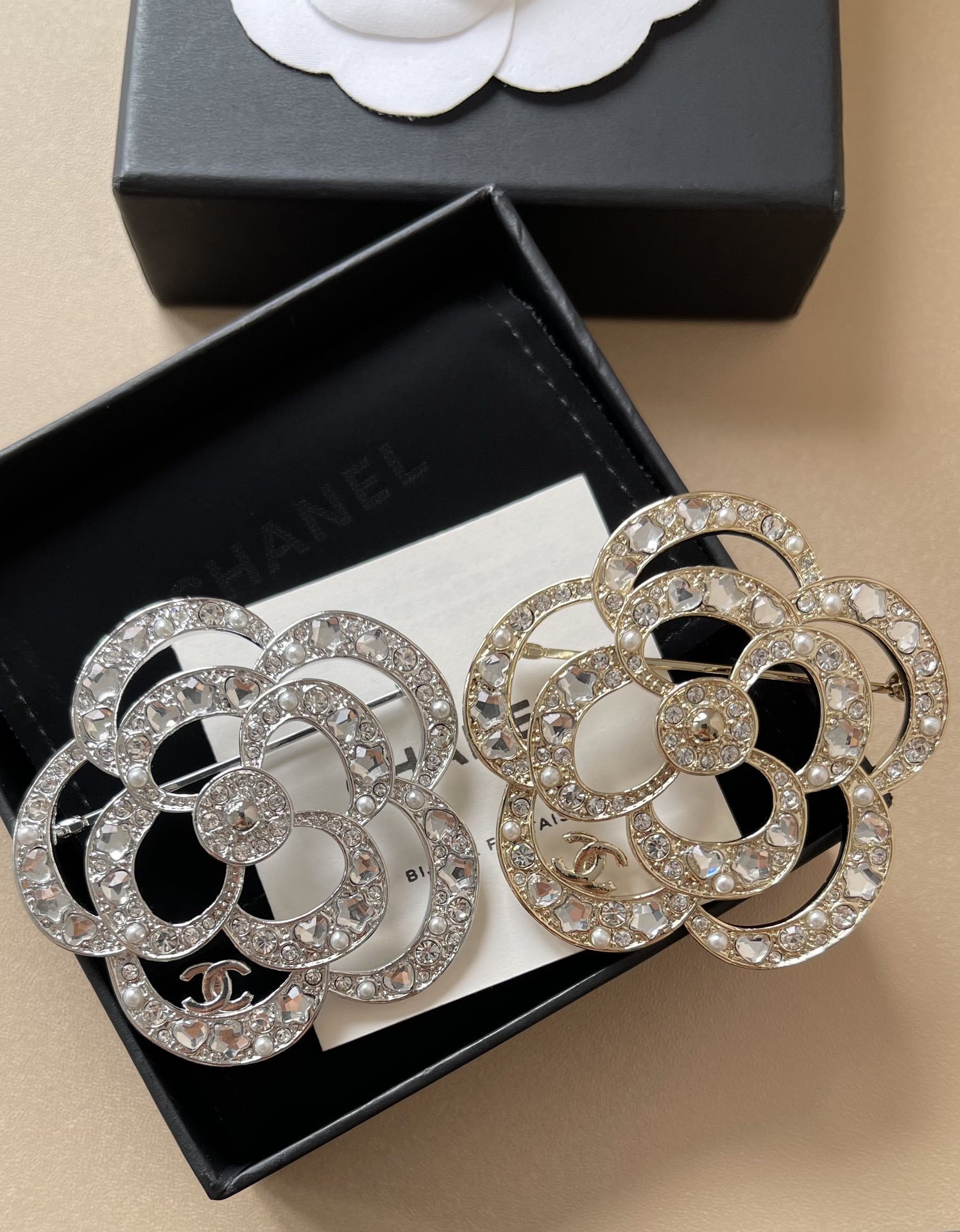 Elegant Camellia Flower Brooch with Crystals and Pearls