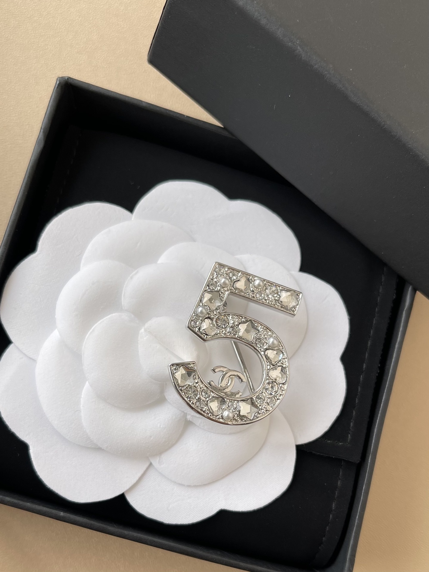 Chanel No. 5 Crystal & Pearl Brooch - Elegant CC Logo Pin