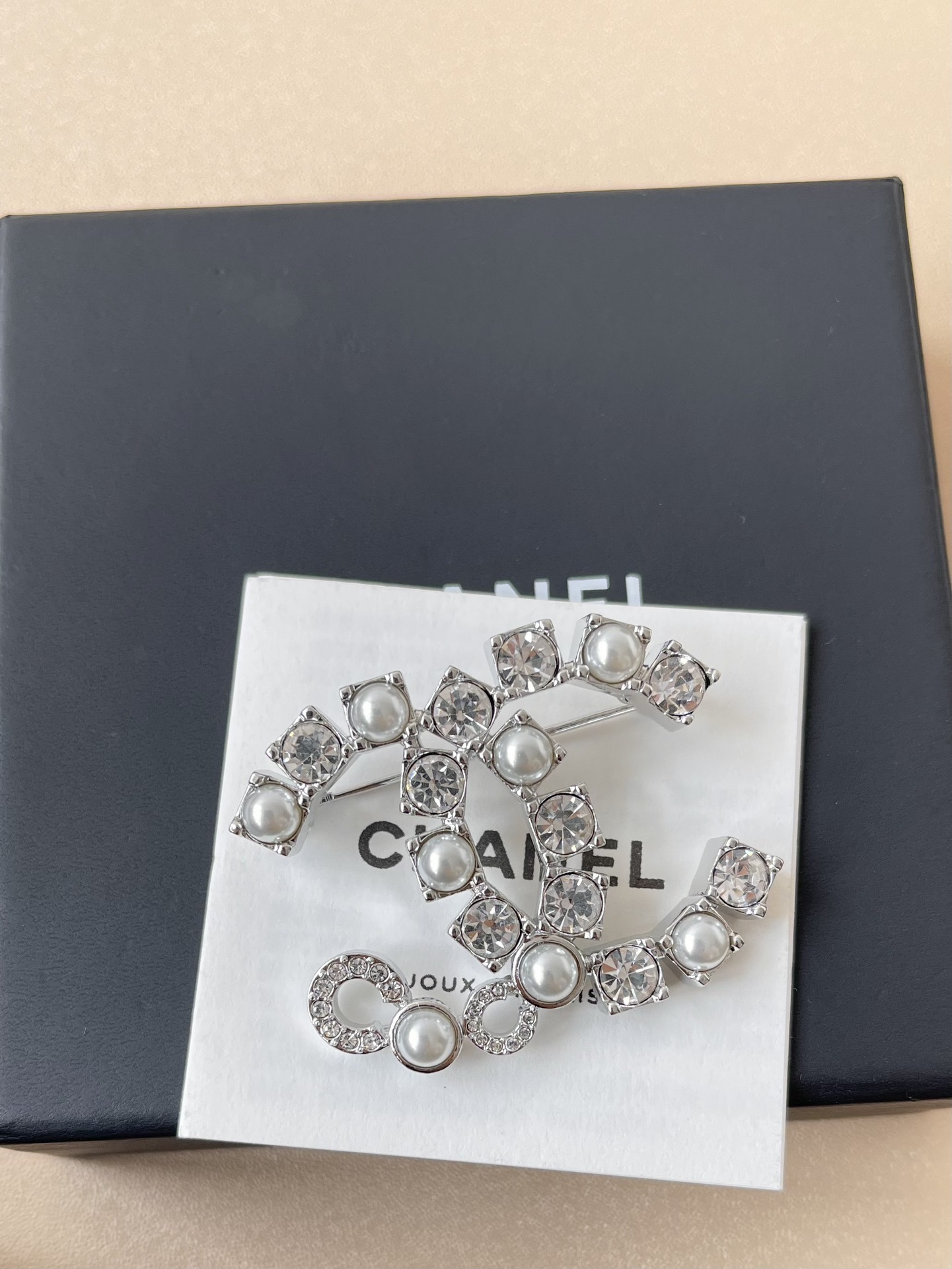 Luxury Silver Double C Brooch with Pearls and Crystals - Elegant Pin