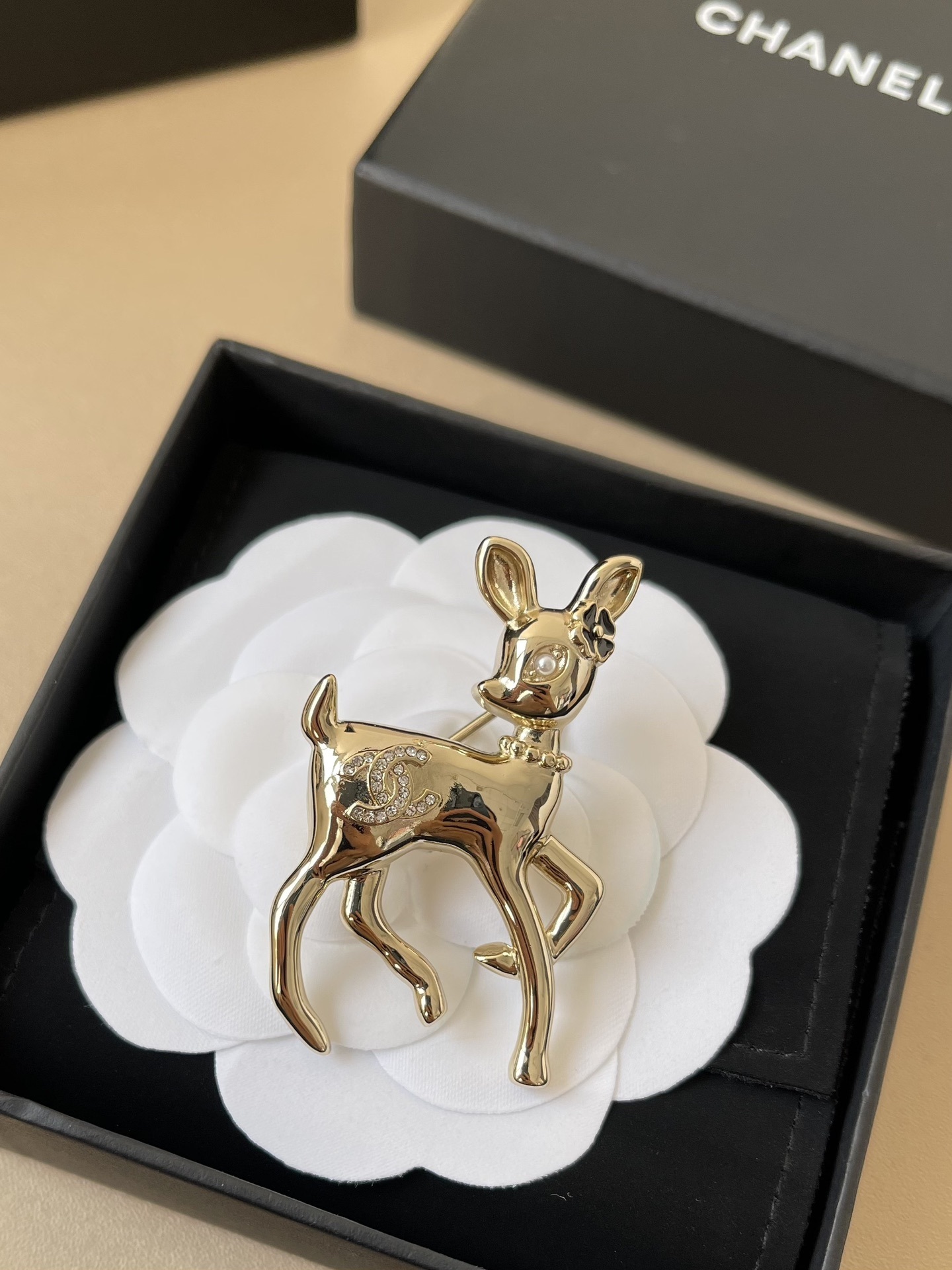 Luxury Gold Fawn Deer Brooch with Crystal CC Logo Accent