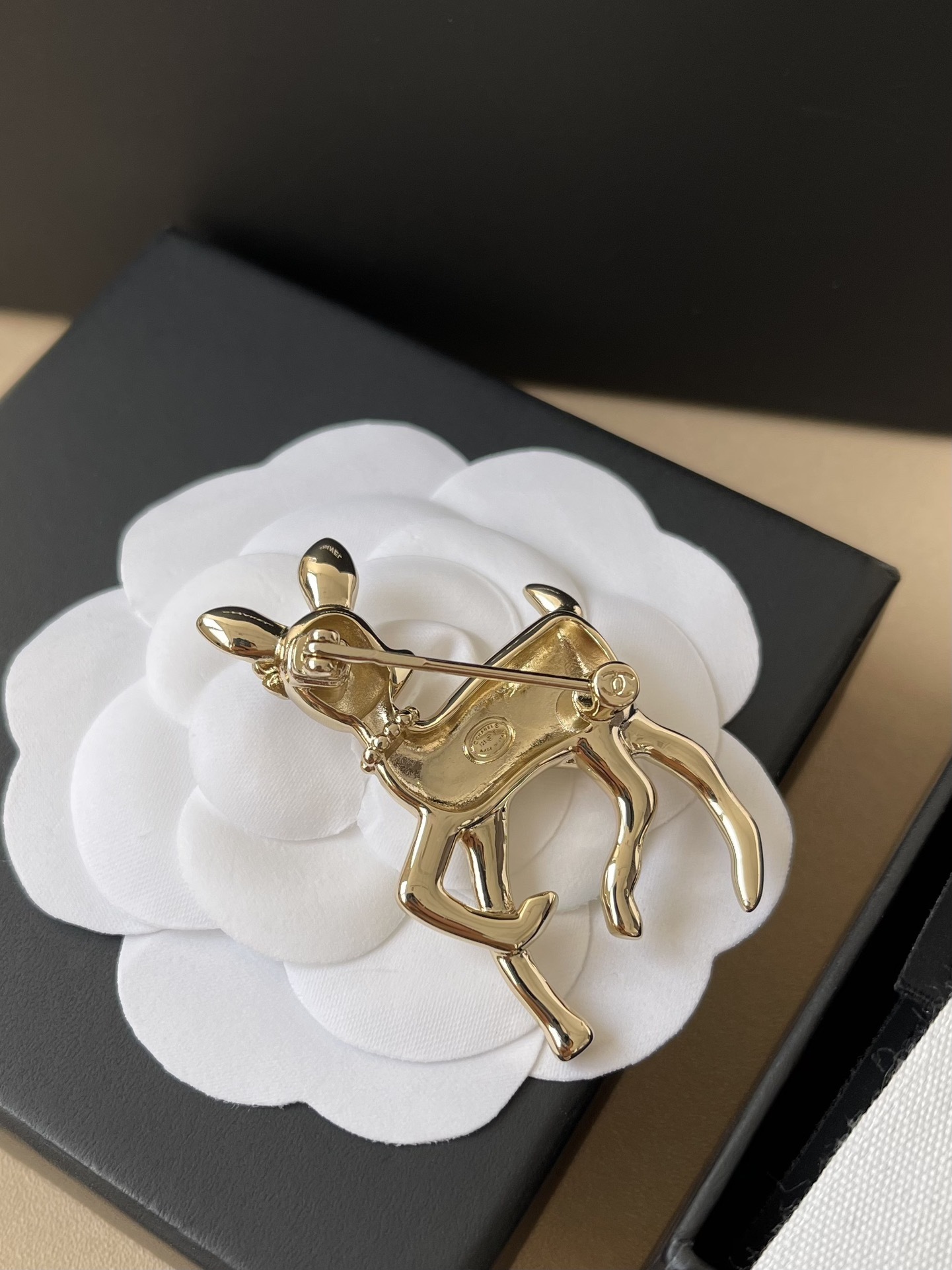 Luxury Gold Fawn Deer Brooch with Crystal CC Logo Accent