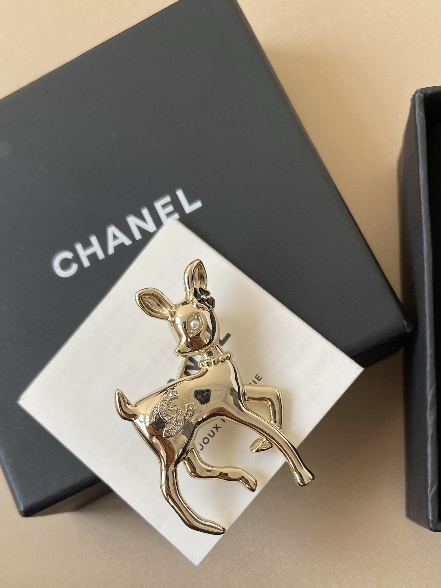 Luxury Gold Fawn Deer Brooch with Crystal CC Logo Accent