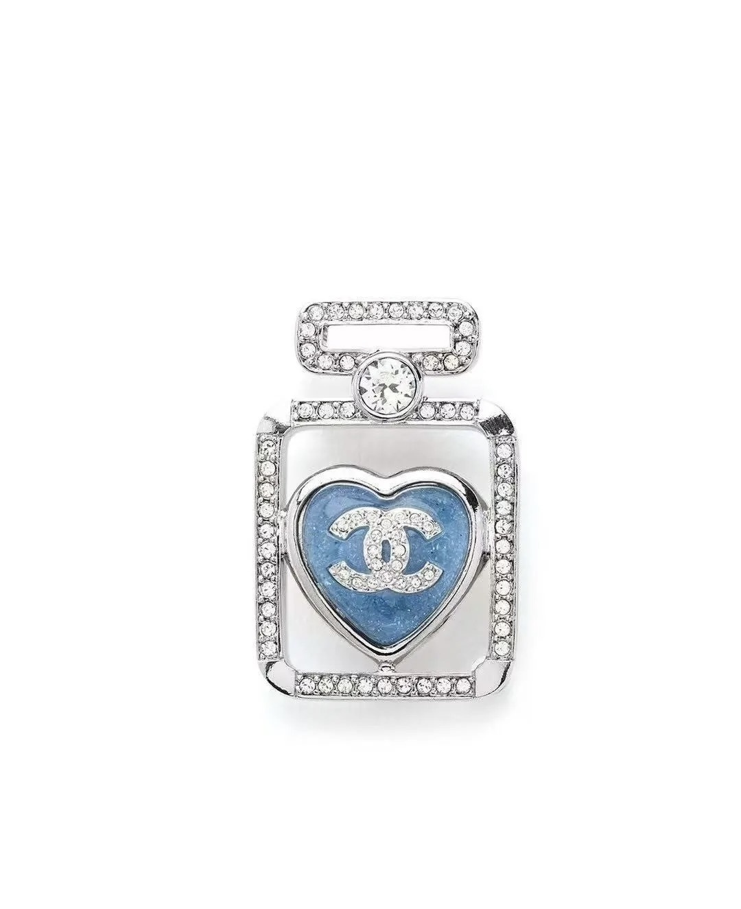 Luxury Crystal Perfume Bottle Brooch with Blue Heart Logo
