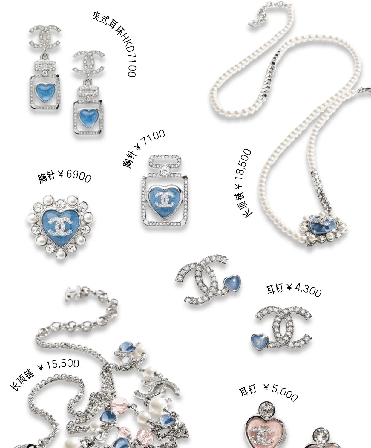 Chanel CC Heart Brooch: Blue Enamel with Crystal & Pearl Trim