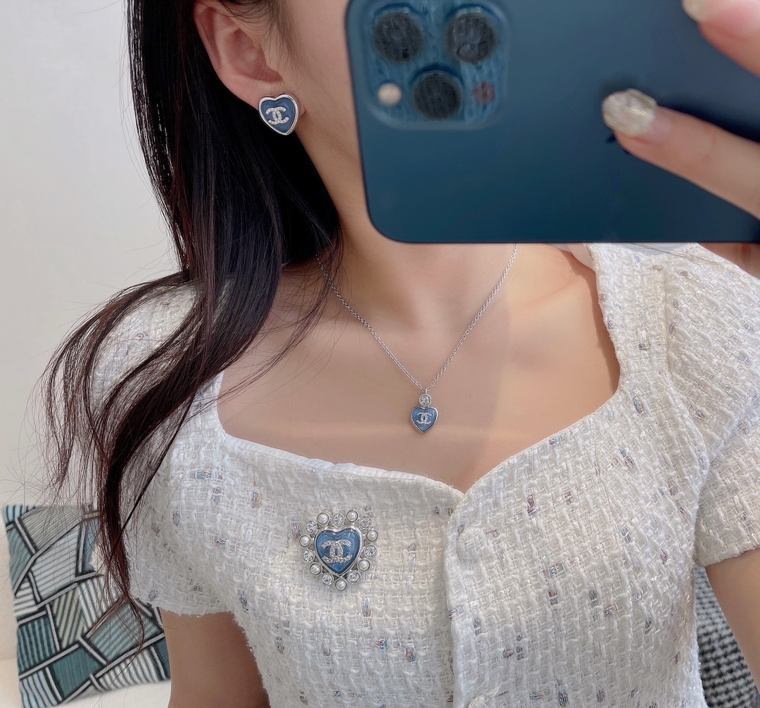 Chanel CC Heart Brooch: Blue Enamel with Crystal & Pearl Trim