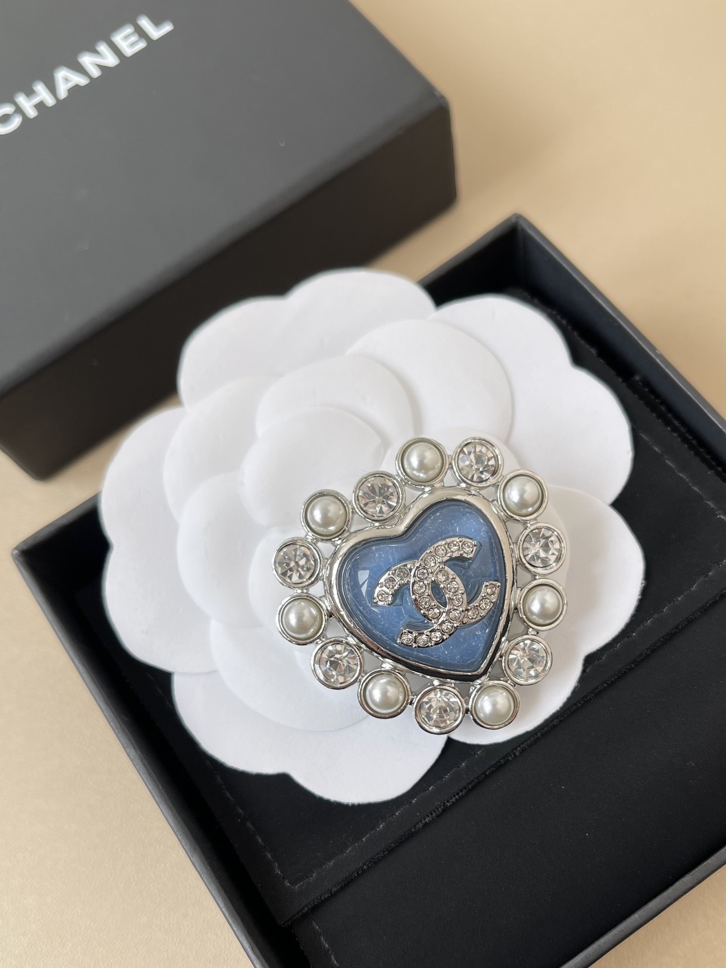 Chanel CC Heart Brooch: Blue Enamel with Crystal & Pearl Trim