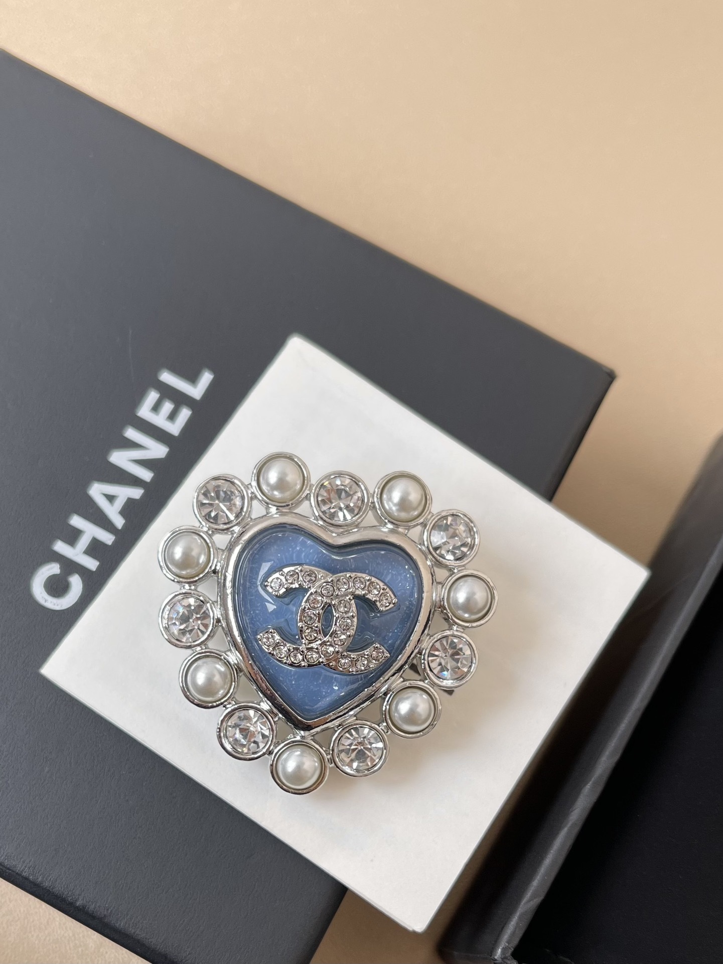 Chanel CC Heart Brooch: Blue Enamel with Crystal & Pearl Trim