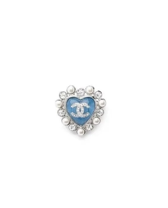 Chanel CC Heart Brooch: Blue Enamel with Crystal & Pearl Trim