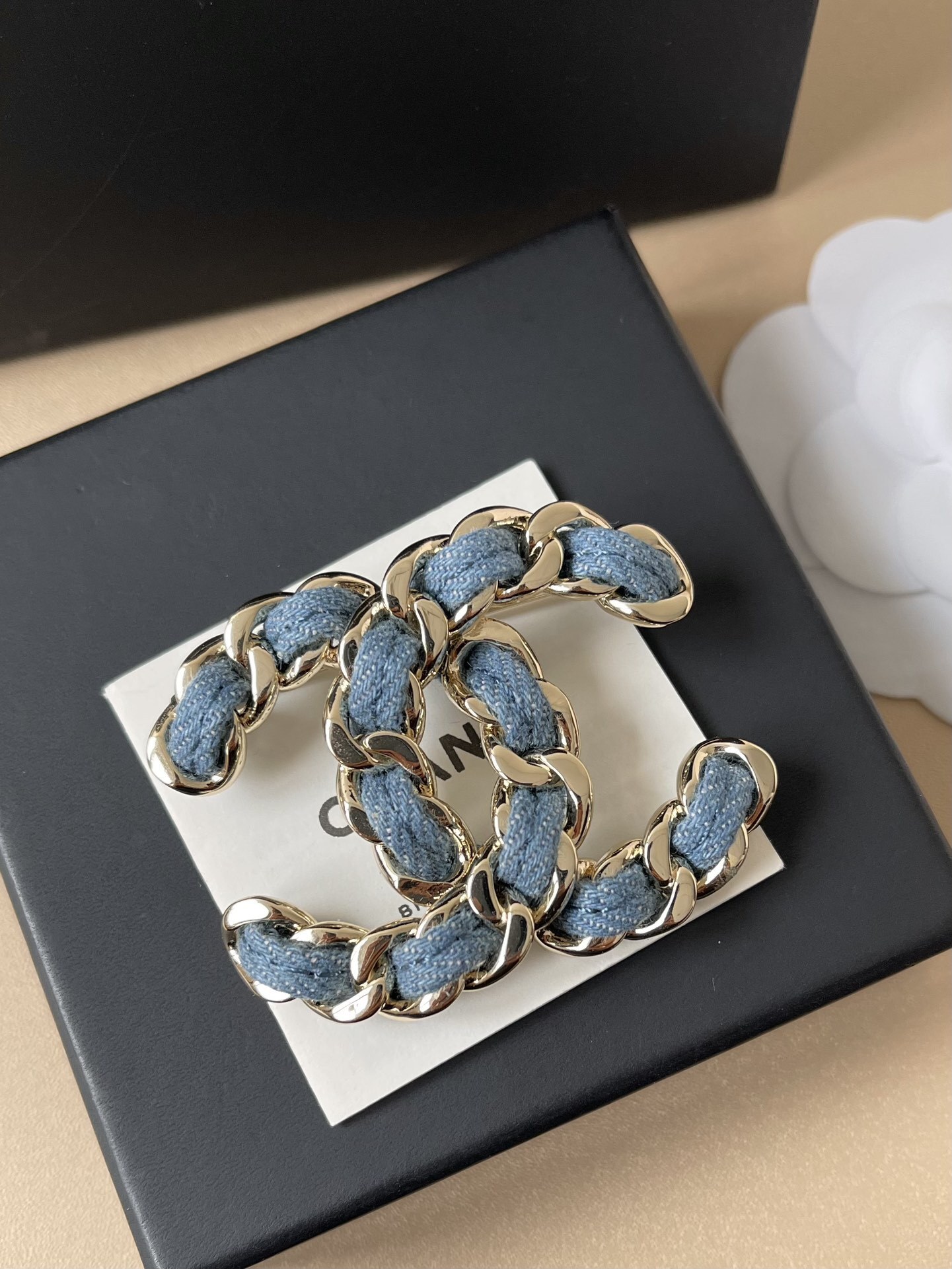 Chanel CC Brooch - Luxury Gold Chain & Blue Denim Designer Accessory
