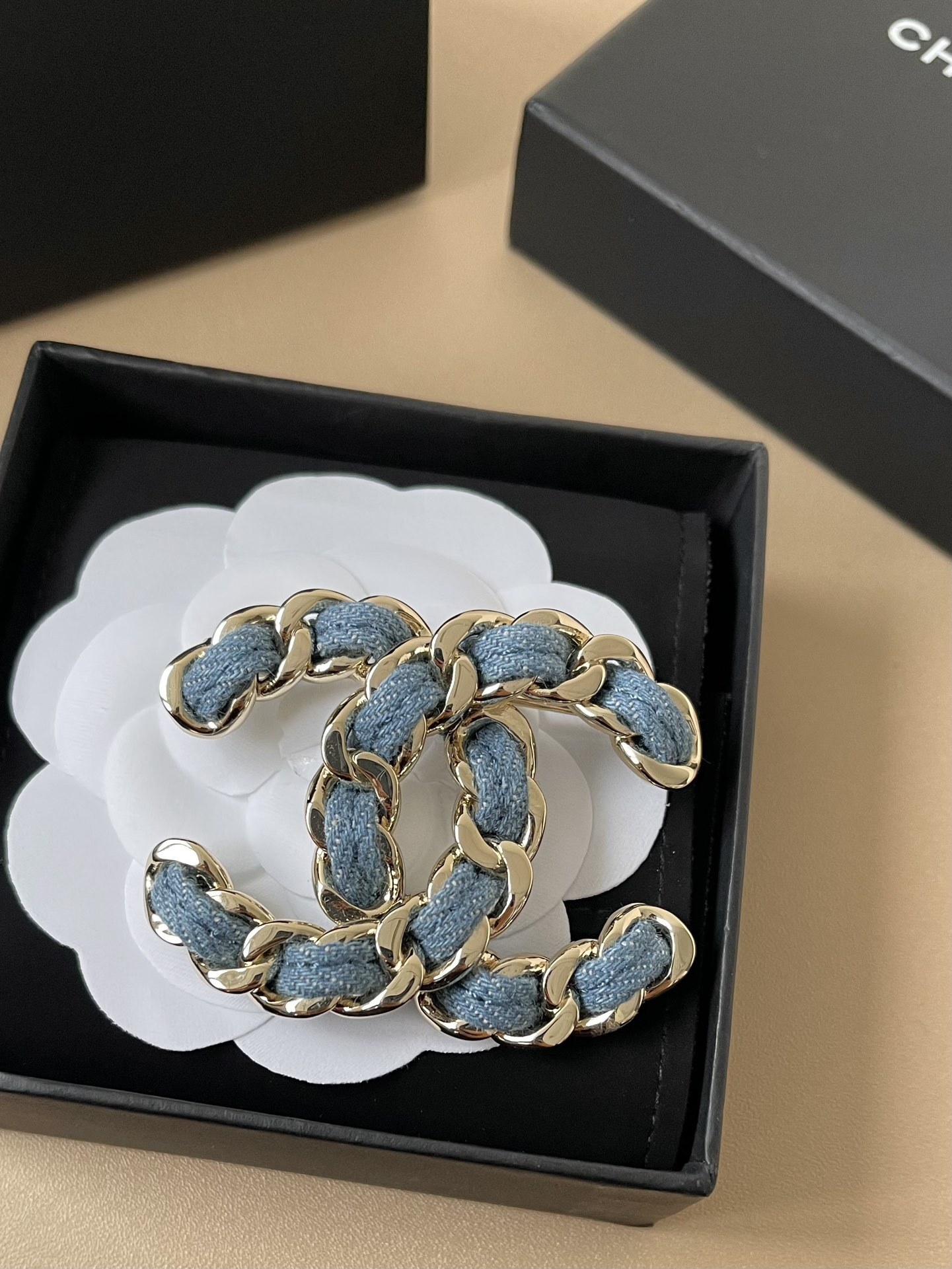 Chanel CC Brooch - Luxury Gold Chain & Blue Denim Designer Accessory