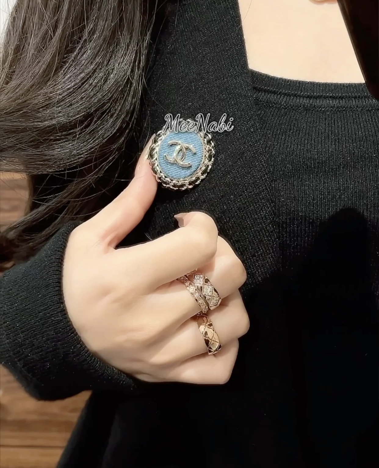 Chanel Blue Denim CC Logo Brooch with Gold Chain & Leather Trim