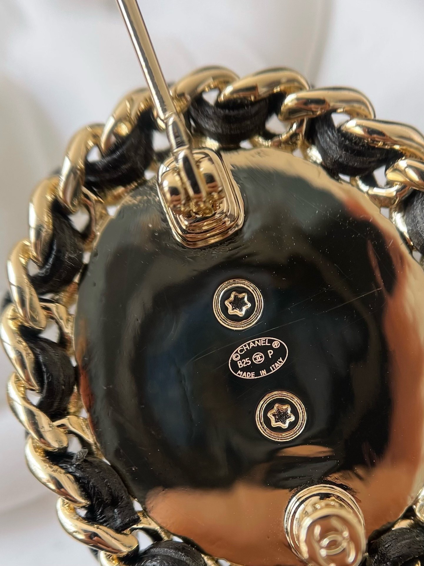 Chanel Blue Denim CC Logo Brooch with Gold Chain & Leather Trim