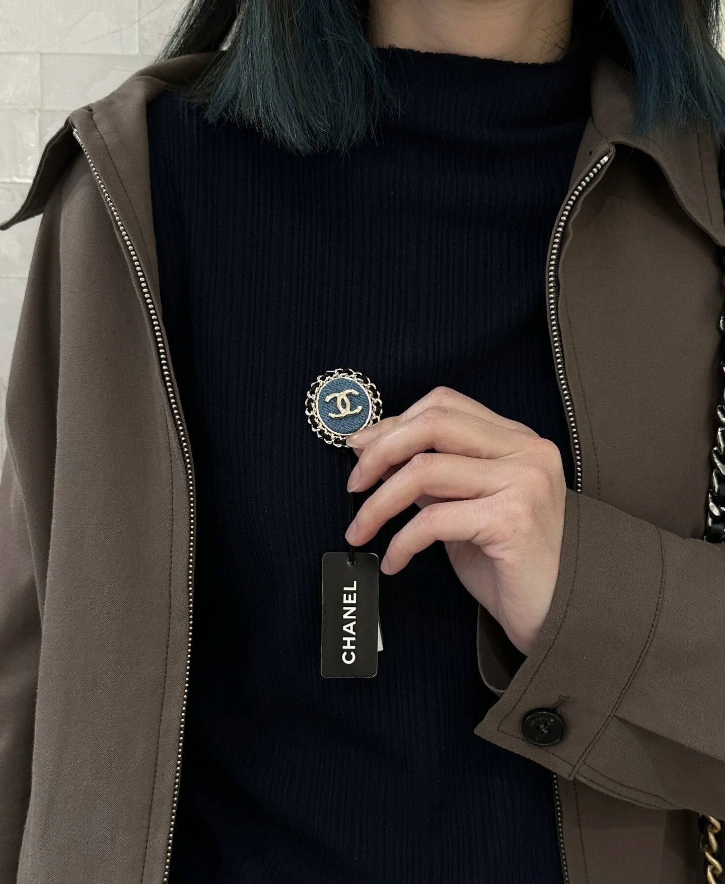 Chanel Blue Denim CC Logo Brooch with Gold Chain & Leather Trim