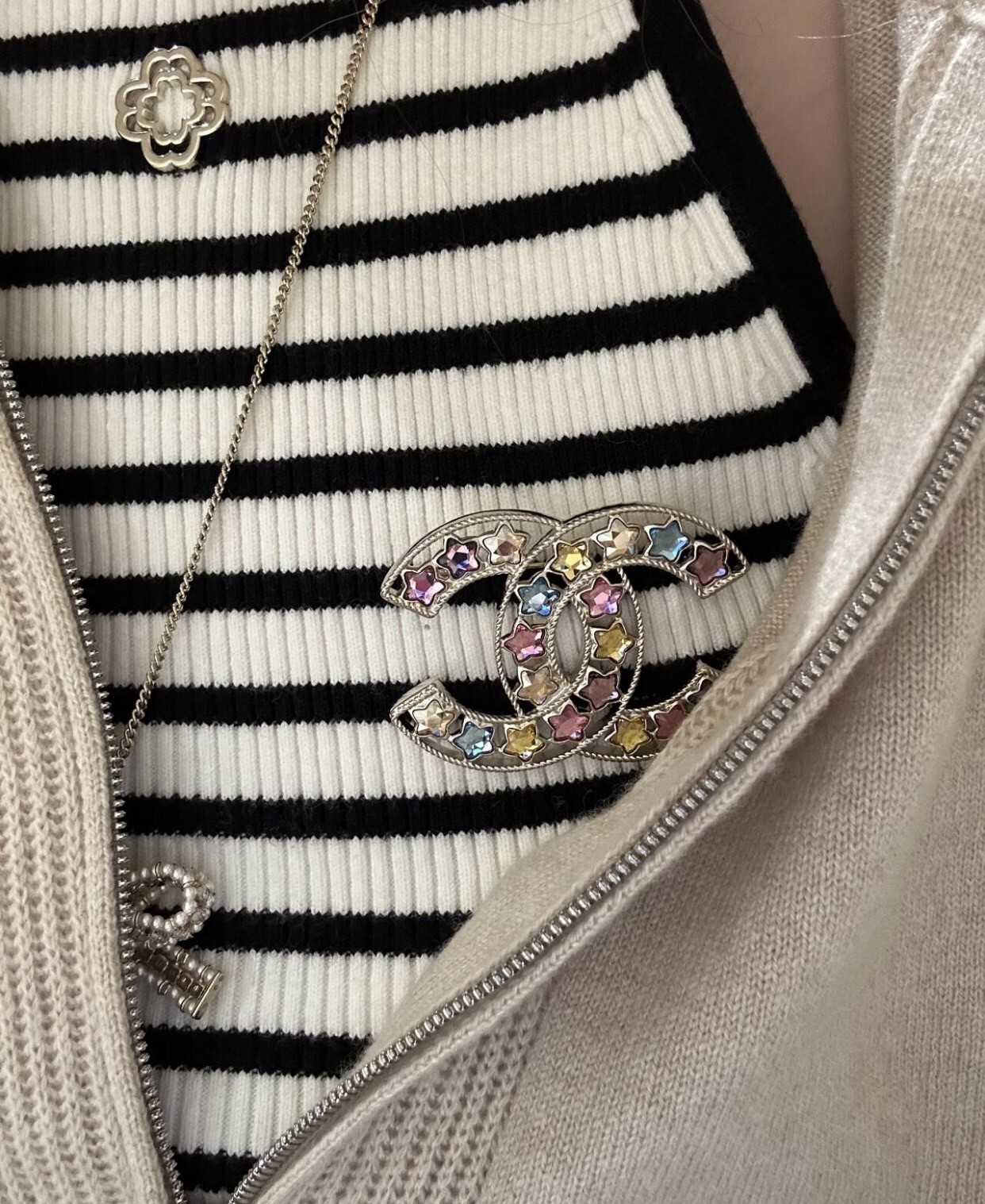 Elegant Gold CC Brooch with Multi-Color Star Crystals